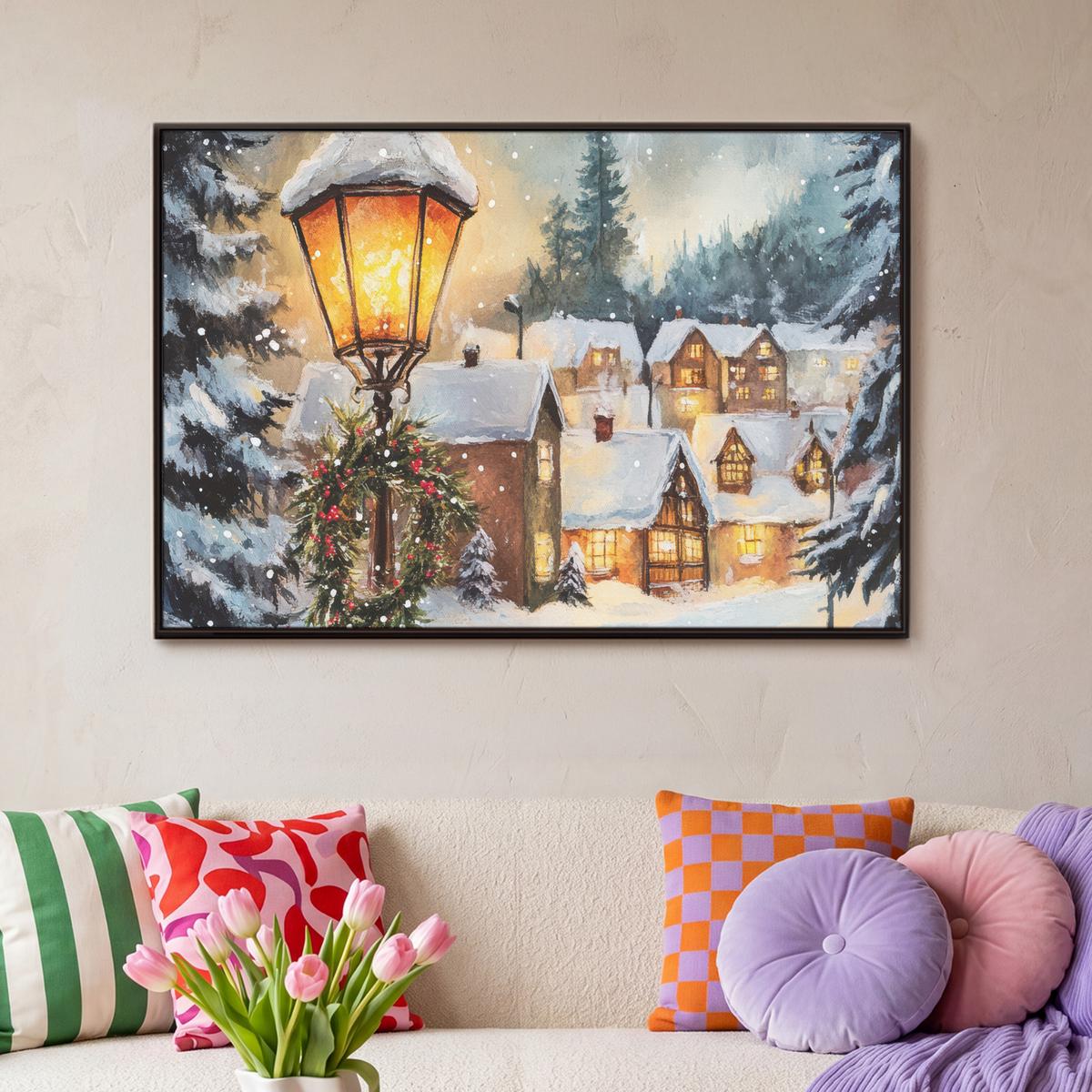 LEINWAND Bilder mit Rahmen - Weihnachtsdorf - Häuser - Schnee - Weihnachten - 90x60 - Sandfarben, Textil (90/60cm) - MuchoWow