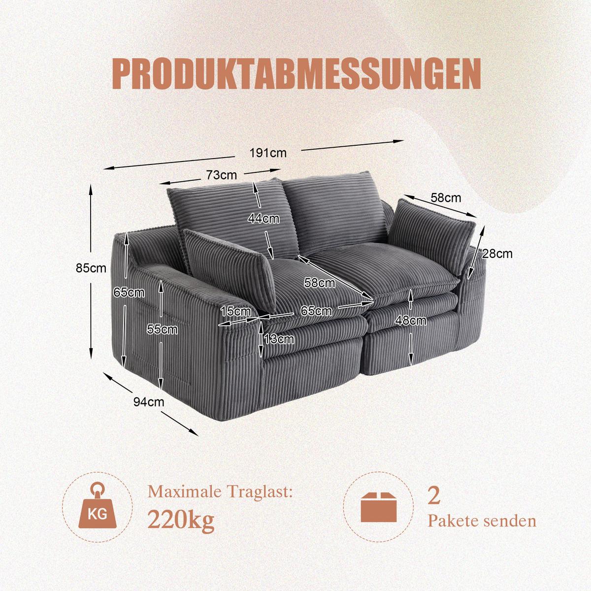 2-SITZER SOFA cordstoff mit seitentaschen & federkern - Dunkelgrau, Textil (191/85/94cm) - Urban Meuble