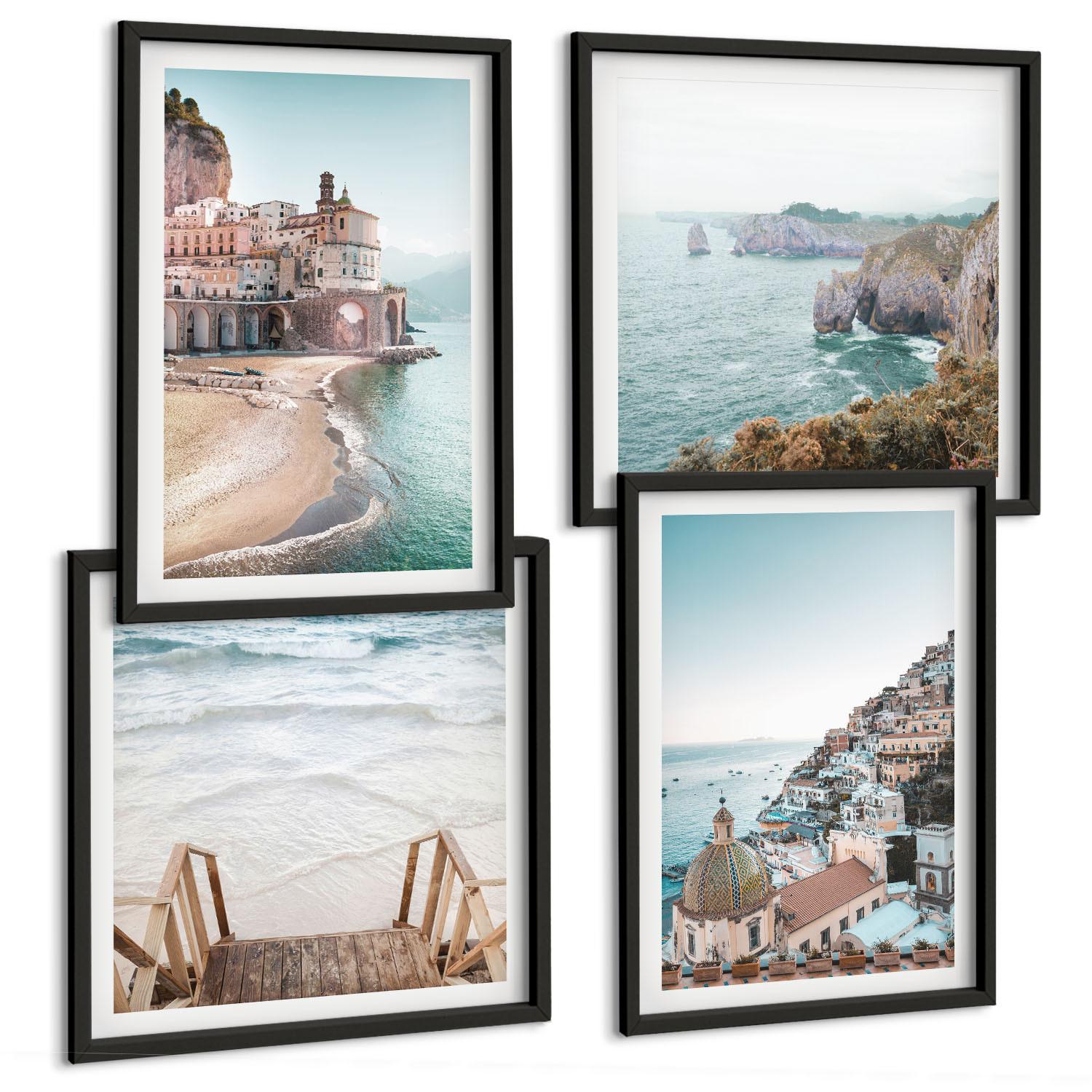 BILDER SET 4er Set - 50x50 cm & 40x60 cm Schwarzer Rahmen - Sommerliche Strandansichten in Pastellfarben - Schwarz, Kunststoff (50/50cm) - TULUP