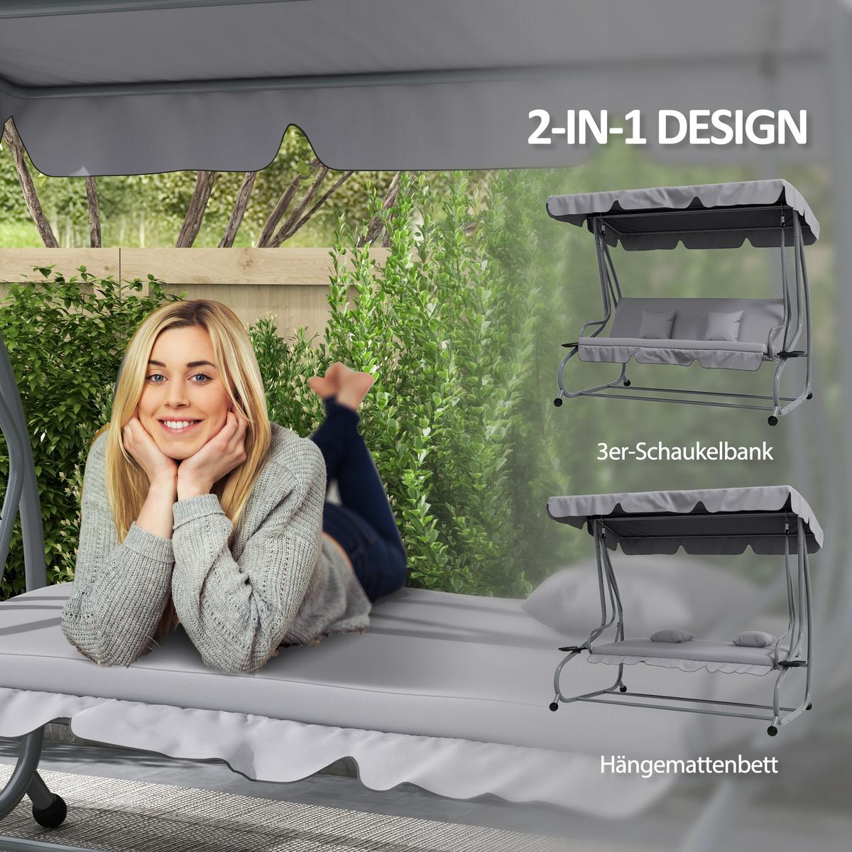 HOLLYWOODSCHAUKEL 3-Sitzer Gartenschaukel mit Verstellbarem Dach Kissen Hellgrau - Grau, Metall (120/164/200cm) - Outsunny