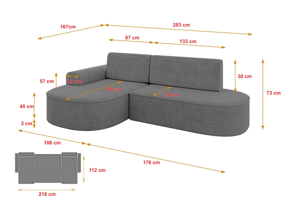 ECKSOFA mit Schlaffunktion und Bettkasten Ottomane Links MARI-L1-S - 283x167x73 cm Grau Velours - Anthrazit/Schwarz, Holzwerkstoff/Kunststoff (283/167cm) - ALTDECOR