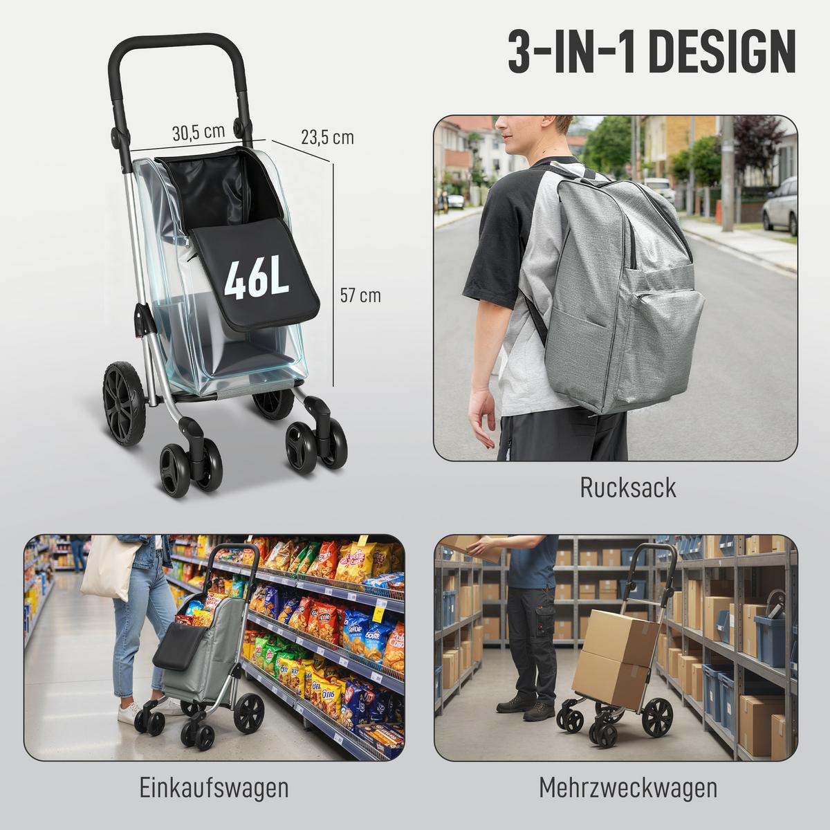 EINKAUFSTROLLEY klappbar Einkaufswagen mit Kühlfach, verstellbar Griff Grau - Schwarz/Grau, Kunststoff/Textil (44/100/58cm) - HOMCOM