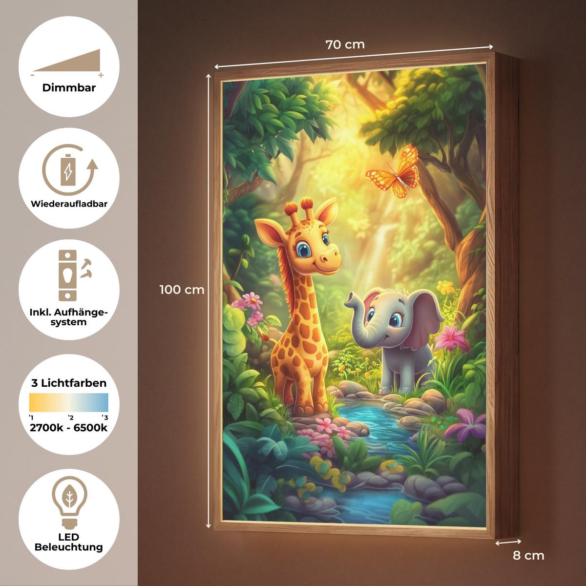 WANDLEUCHTE MIT AKKU Giraffe - Elefant - Blumen - Dschungel 70x100 cm - Grün, Holzwerkstoff (70/100/8cm) - OnlyWow