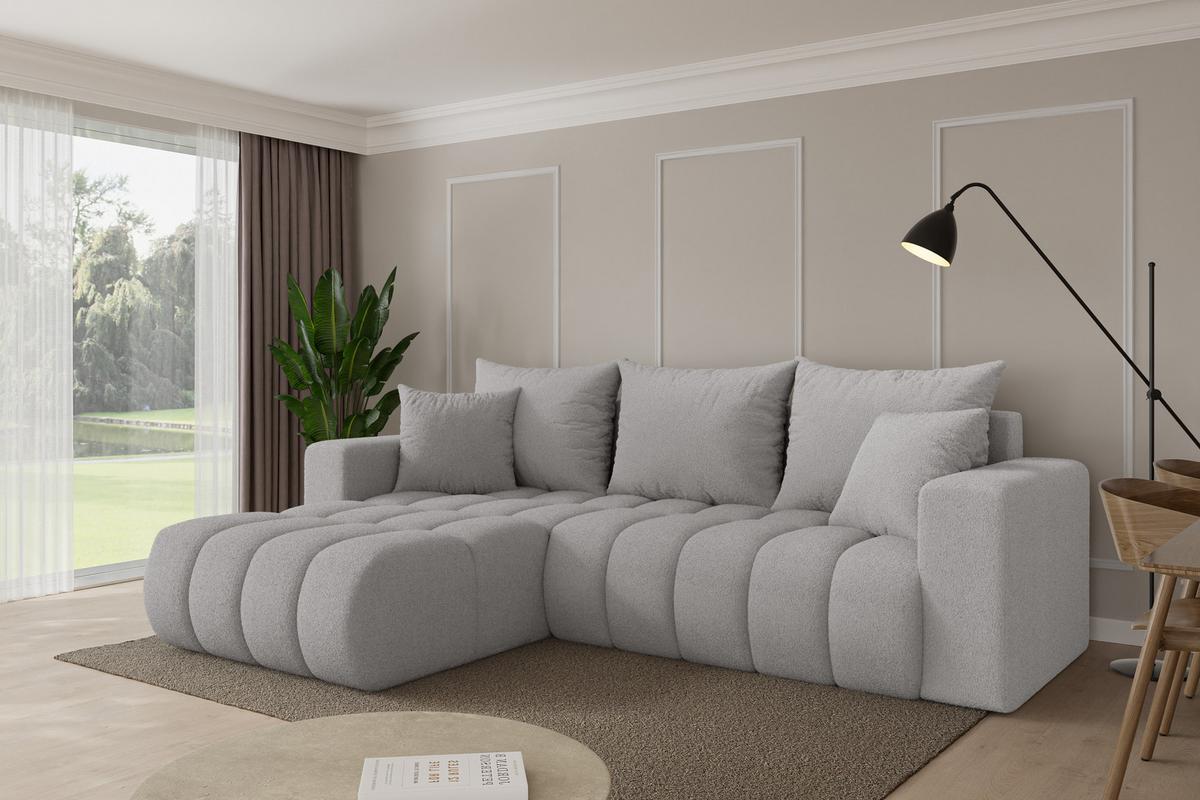 ECKSOFA mit Schlaffunktion Ottomane Links MILA-L-v1 277x195x86 Hellgrau Bouclé - Silberfarben/Hellgrau, Holzwerkstoff/Kunststoff (277/194cm) - ALTDECOR