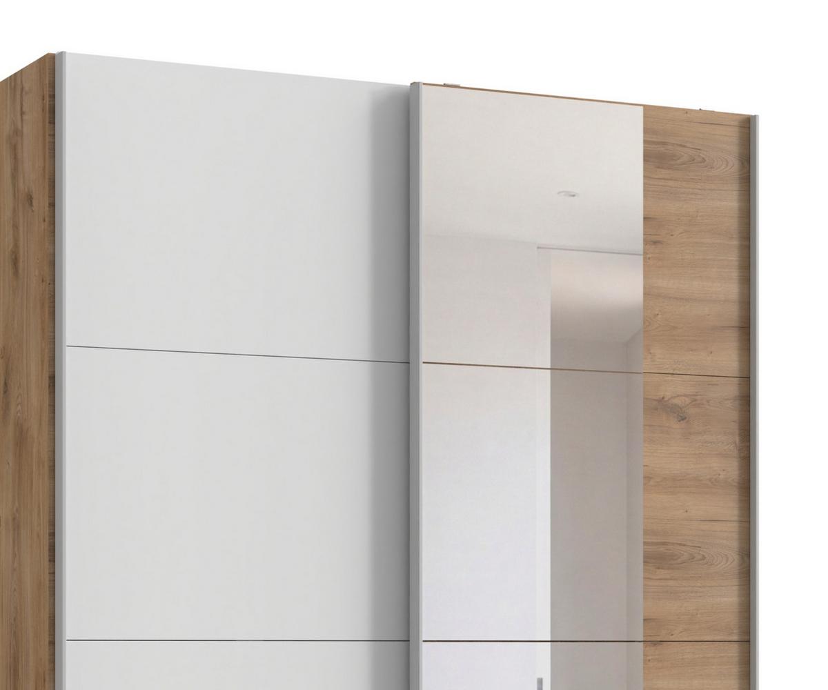SCHWEBETÜRENSCHRANK 2-türig B135/H198/T65 cm, Kleiderschrank mit Spiegel & sichtbaren Schubkästen in Eiche Dekor, 1x Tür in Weiß / 22677 - Eichefarben/Alufarben, Holz/Holzwerkstoff (135/198/65cm) - luma-home