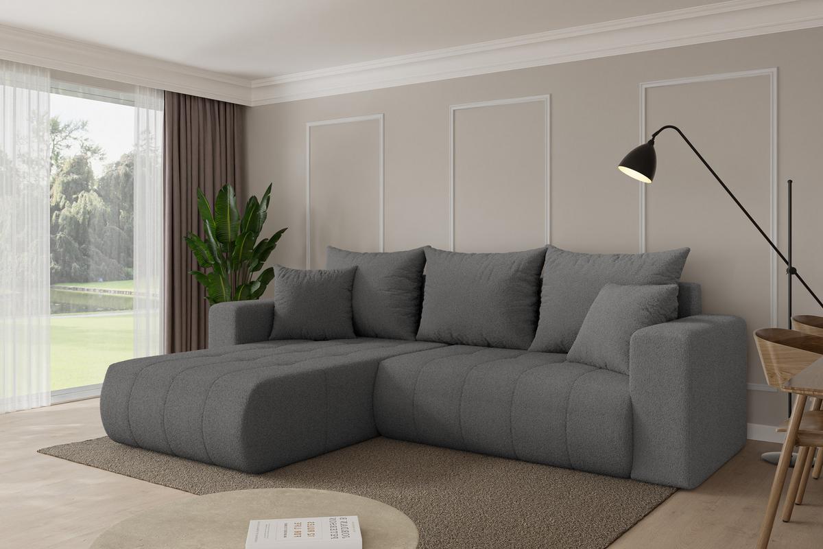 ECKSOFA mit Schlaffunktion Ottomane Links MILA-L 277x194x86 Grau Bouclé - Schieferfarben/Schwarz, Holzwerkstoff/Kunststoff (277/194cm) - ALTDECOR