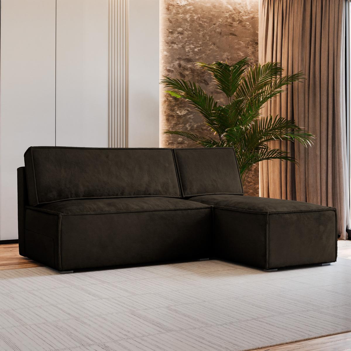 ECKSOFA BRISO M Braun Velours-Stoff mit Schlaffunktion - Braun/Grau, Holz/Kunststoff (200/140cm) - MASSENO