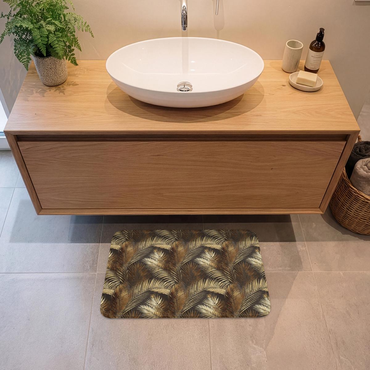 BADEMATTE Tropisch - Blätter - Gold 60x40 cm - Dunkelbraun/Goldfarben, Textil (60/40cm) - OnlyWow