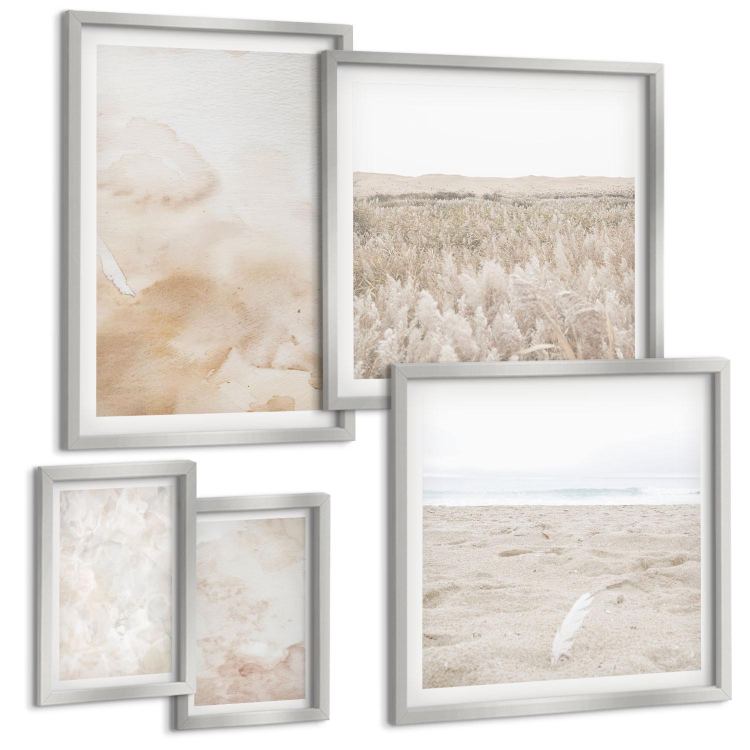 BILDER SET 5er Set - 50x50 cm & 20x30 cm & 40x60 cm Silberner Rahmen - Modische Pastelltexturen - Silberfarben, Kunststoff (40/60cm) - TULUP