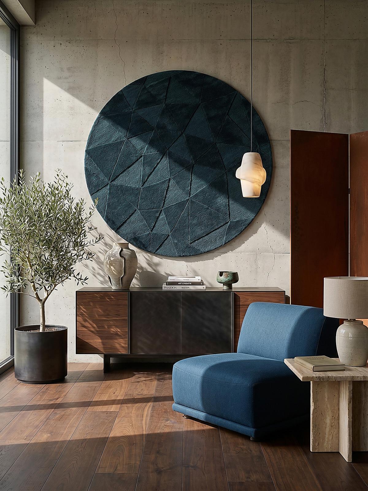 WOLLTEPPICH DEBEN, geometrisch, Petrol, Ø 160 cm - Blau, Textil (160/160cm) - KADIMA DESIGN