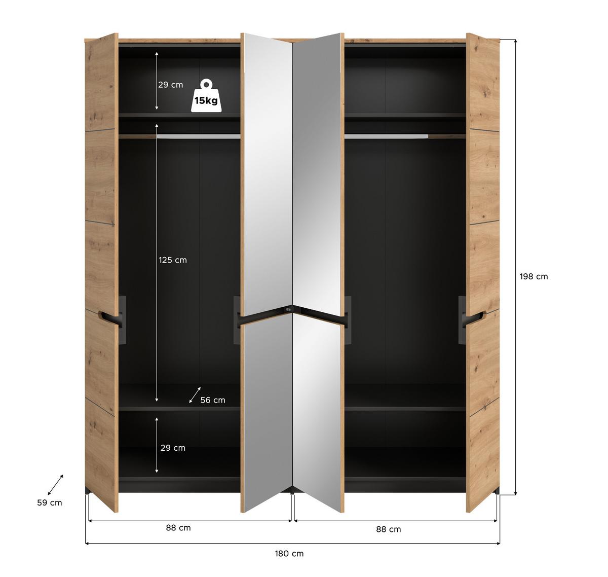 KLEIDERSCHRANK Eiche Artisan, grau 4-türig 180 cm, Drehtürenschrank mit Soft-Close und Spiegel - Eiche Artisan/Grau, Glas/Holzwerkstoff (180/198/59cm) - Inn.Furn