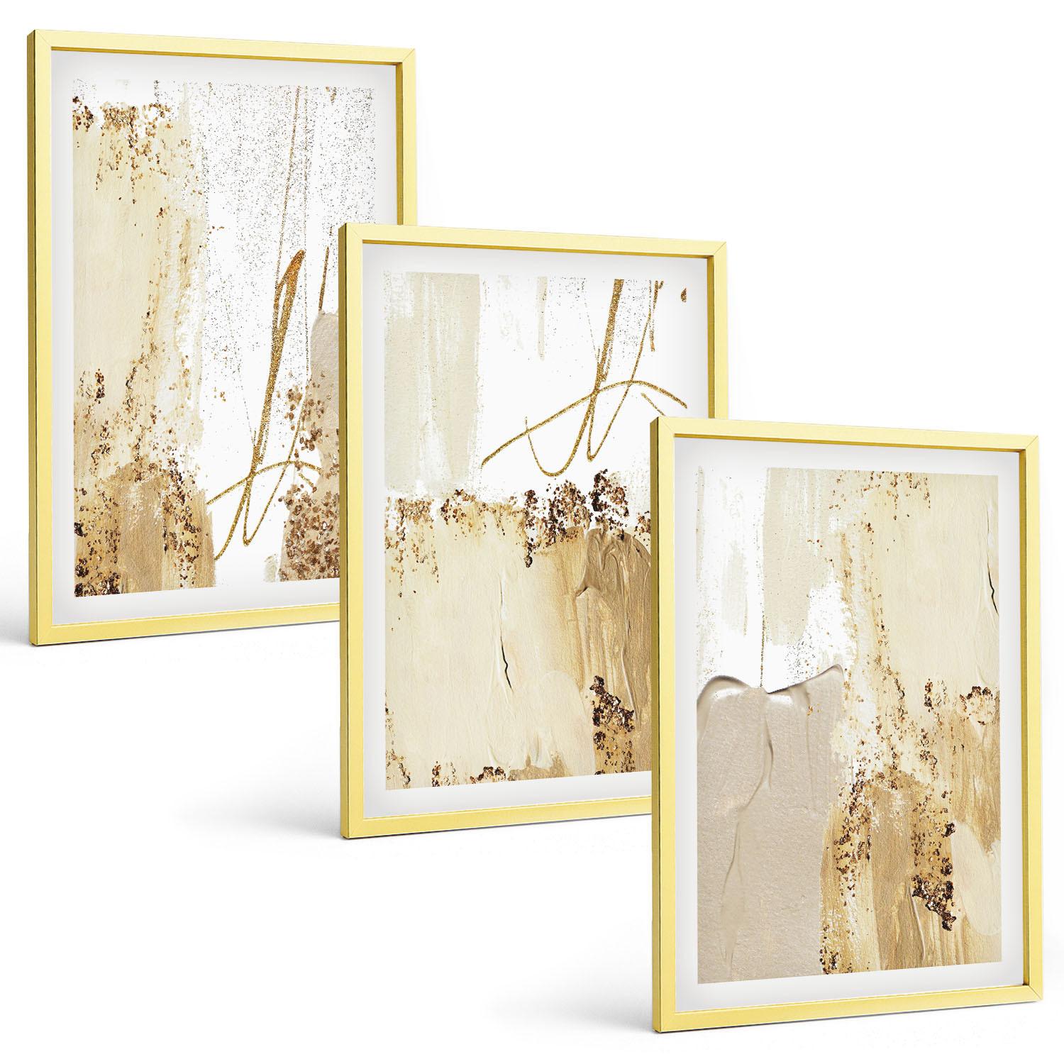 BILDER SET 3er Set - 40x60 cm Goldrahmen - Abstrakte Muster beige weiß - Goldfarben, Kunststoff (40/60cm) - TULUP