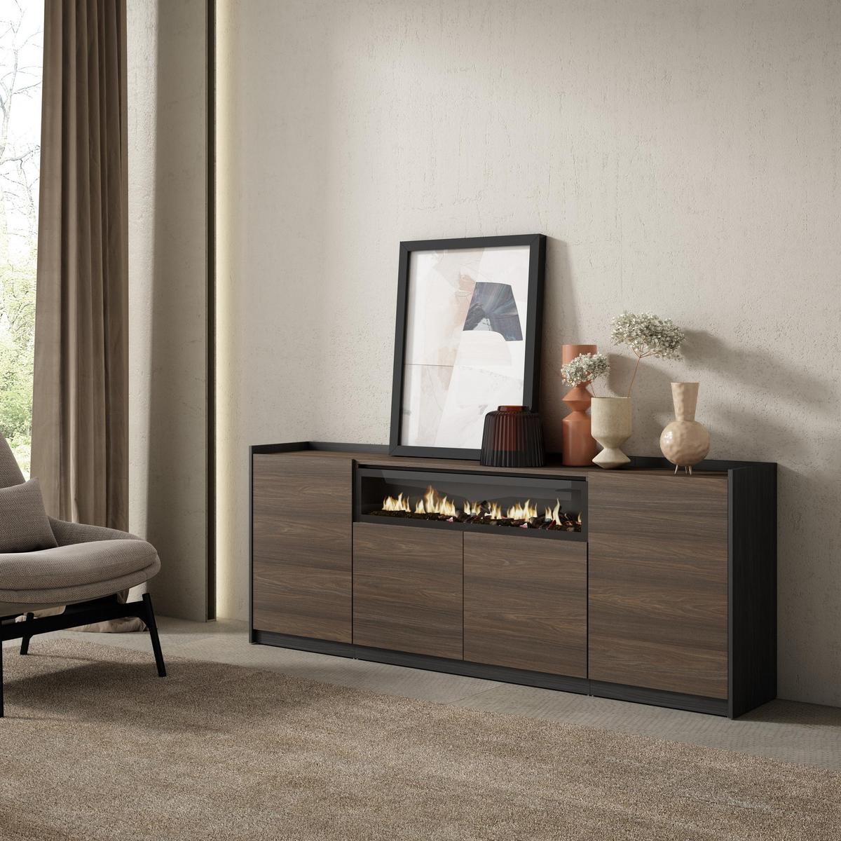 SIDEBOARD, Highboard, Dunkler Eiche und Schwarz, Elektrokamin, 207/37/80cm - Hellbraun, Holzwerkstoff (207/80/37cm) - Skraut Home