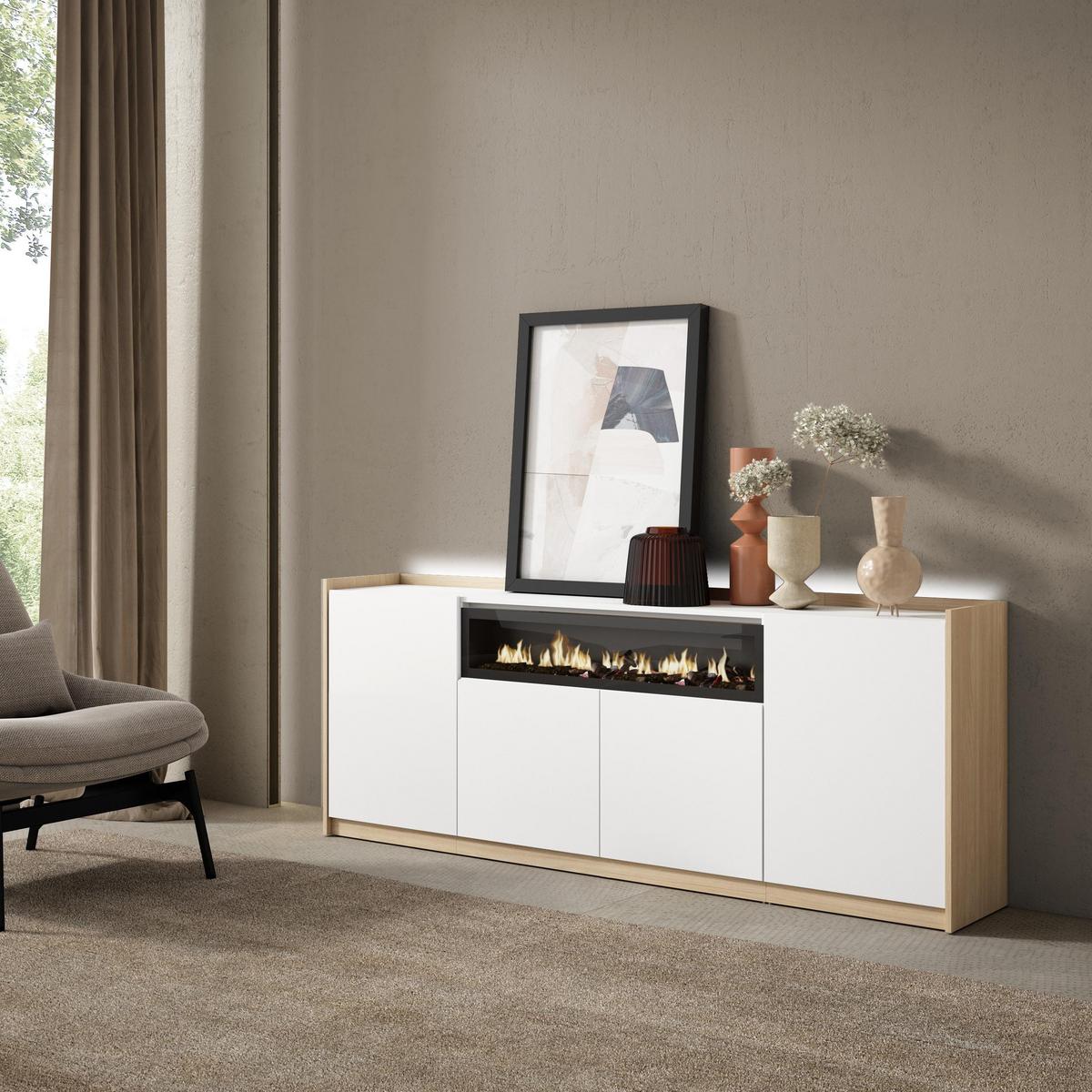 SIDEBOARD, Weiß und Eiche, 207/37/80cm, Kamin mit Feuereffekt - Weiß, Holzwerkstoff (207/80/37cm) - Skraut Home
