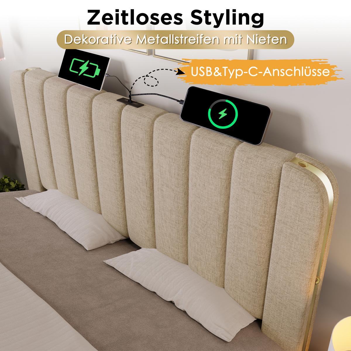 POLSTERBETT 140x190 cm aus beigem leinen, mit 4 schubladen, usb-c und goldenen akzenten - Beige, Textil (140/190cm) - Urban Meuble
