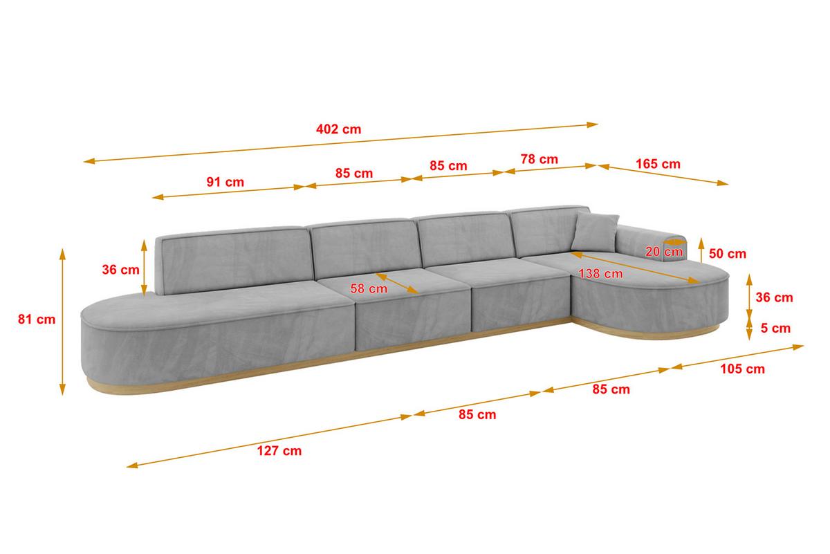 ECKSOFA Ottomane Rechts MARI-L3-v2 - 413x171x83 cm Grau Velours - Grau, Holzwerkstoff/Textil (171/413cm) - ALTDECOR