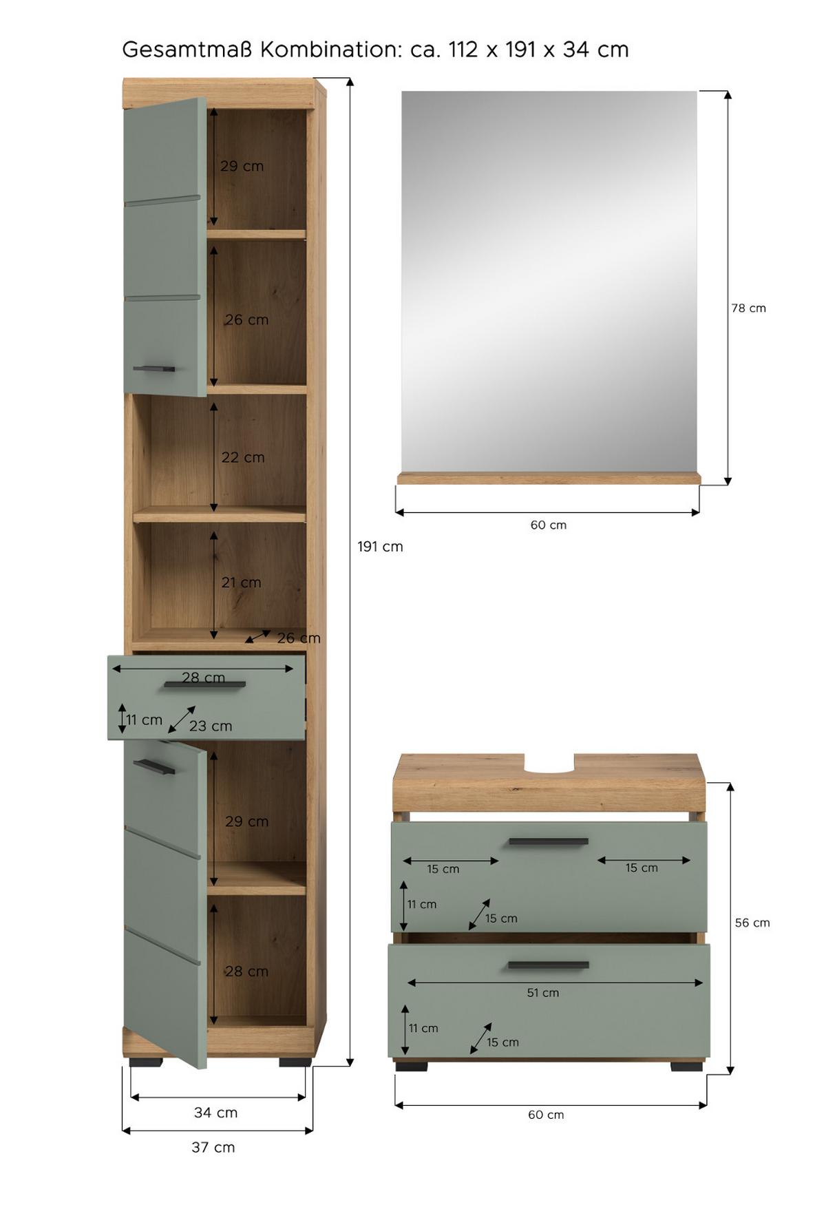 BADMÖBEL-SET Salbei grün, Eiche Artisan 3-teilig 112 cm, Komplettset mit viel Stauraum - Salbeigrün/Schwarz, Glas/Holzwerkstoff (112/191/37cm) - Inn.Furn