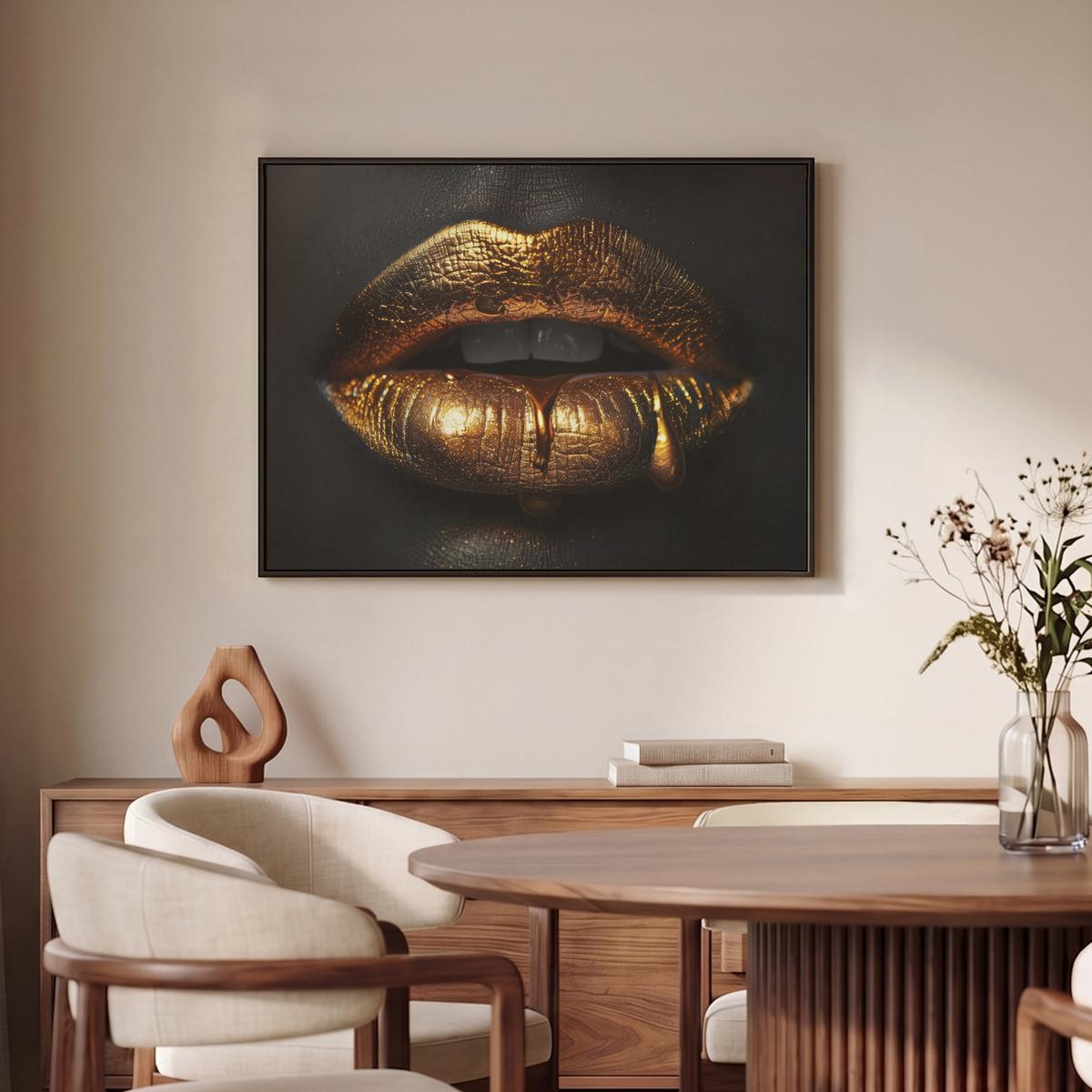 LEINWAND Bilder mit Rahmen - Frau - Porträt - Lippen - Gold - Schwarz - 70x50 - Schwarz, Textil (70/50cm) - MuchoWow