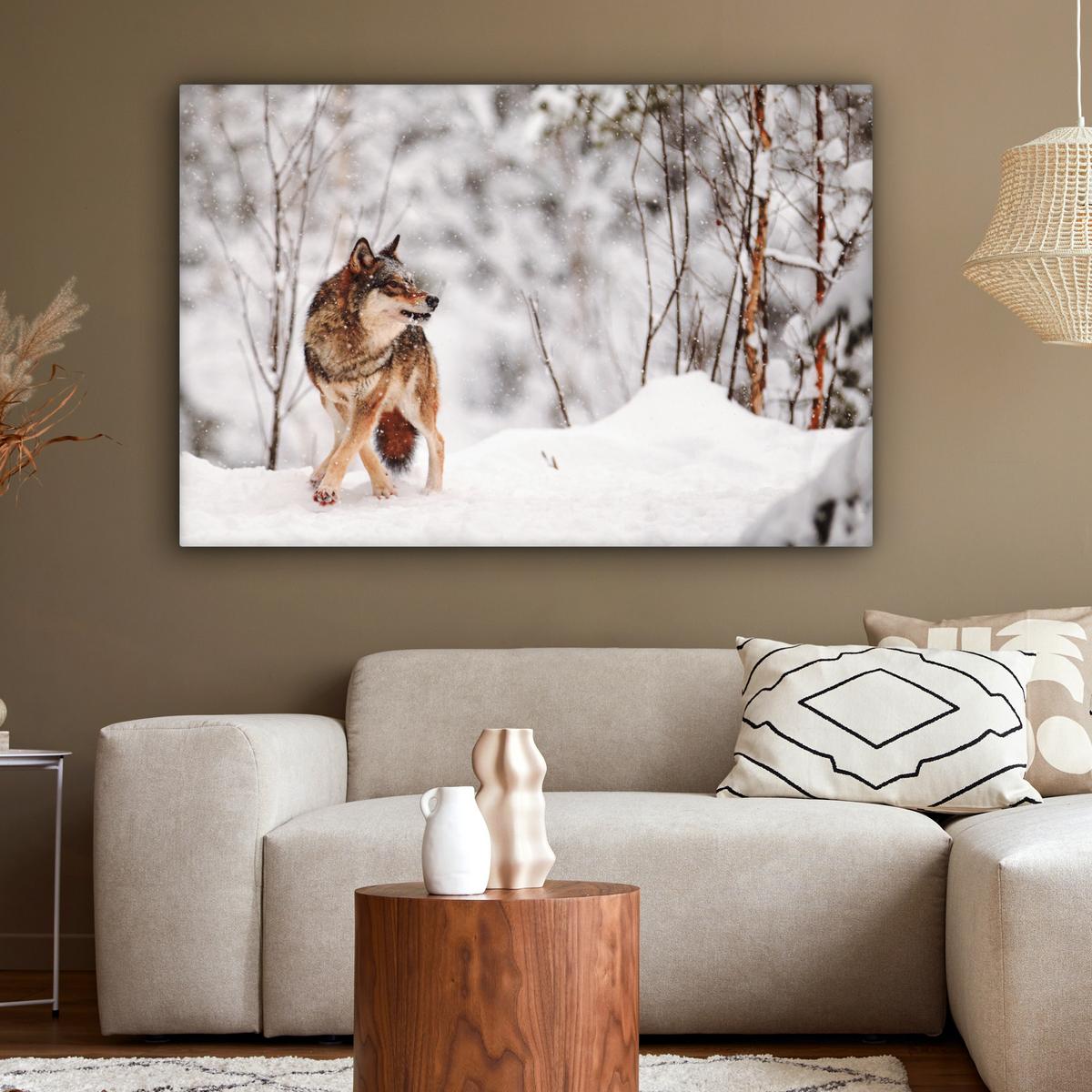 LEINWANDBILD Wolf - Winter - Schnee - Natur - Tiere Wohnzimmer Groß 120x80 cm - Haselnussfarben, Textil (120/80cm) - MuchoWow