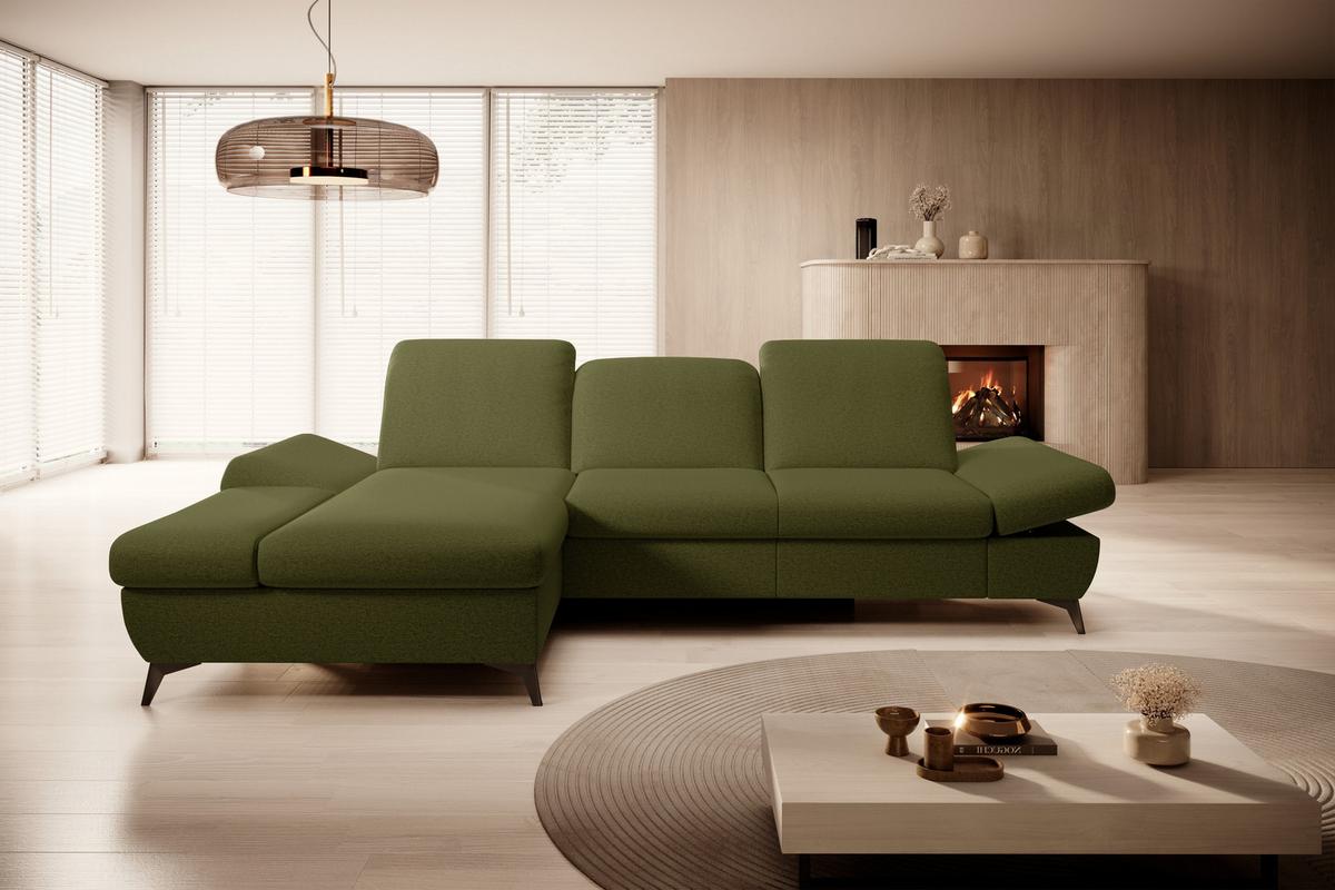 ECKSOFA FELICE L-S Grün Geflochtener Stoff mit Schlaffunktion - Olivgrün, Holz (284/166cm) - MASSENO