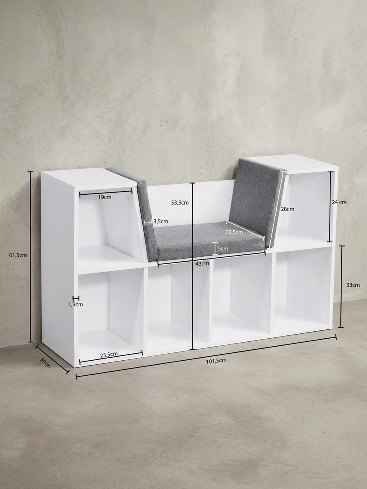 SCHUHBANK – Weiß matt, 101,5x61,5x30 cm, Sitzfläche Grau, 6 Fächer - Weiß/Grau, Holz/Textil (102/62/30cm) - KADIMA DESIGN