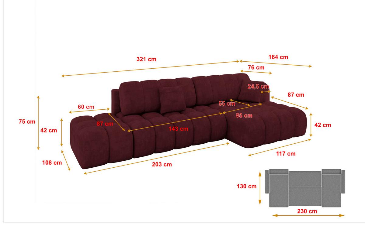 ECKSOFA mit Schlaffunktion Ottomane RECHTS OLEA-L2 321x164x75 Bordeauxrot Velours - Bordeaux/Schwarz, Holzwerkstoff/Kunststoff (164/321cm) - ALTDECOR
