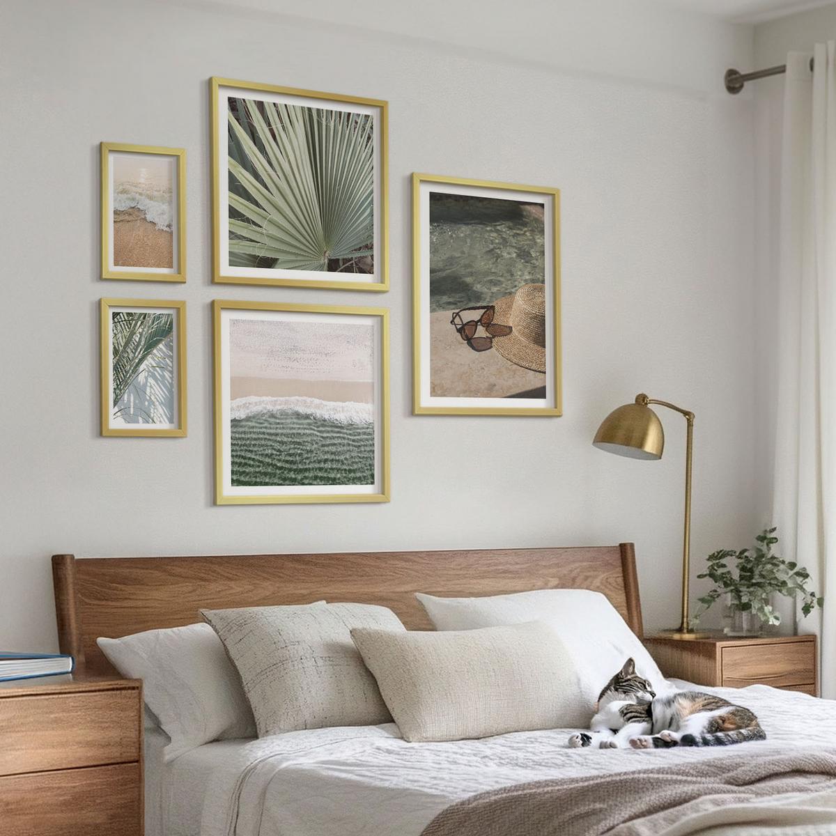 BILDER SET 5er Set - 50x50 cm & 20x30 cm & 40x60 cm Goldrahmen - Strandhut und Sonnenbrille - Goldfarben, Kunststoff (40/60cm) - TULUP