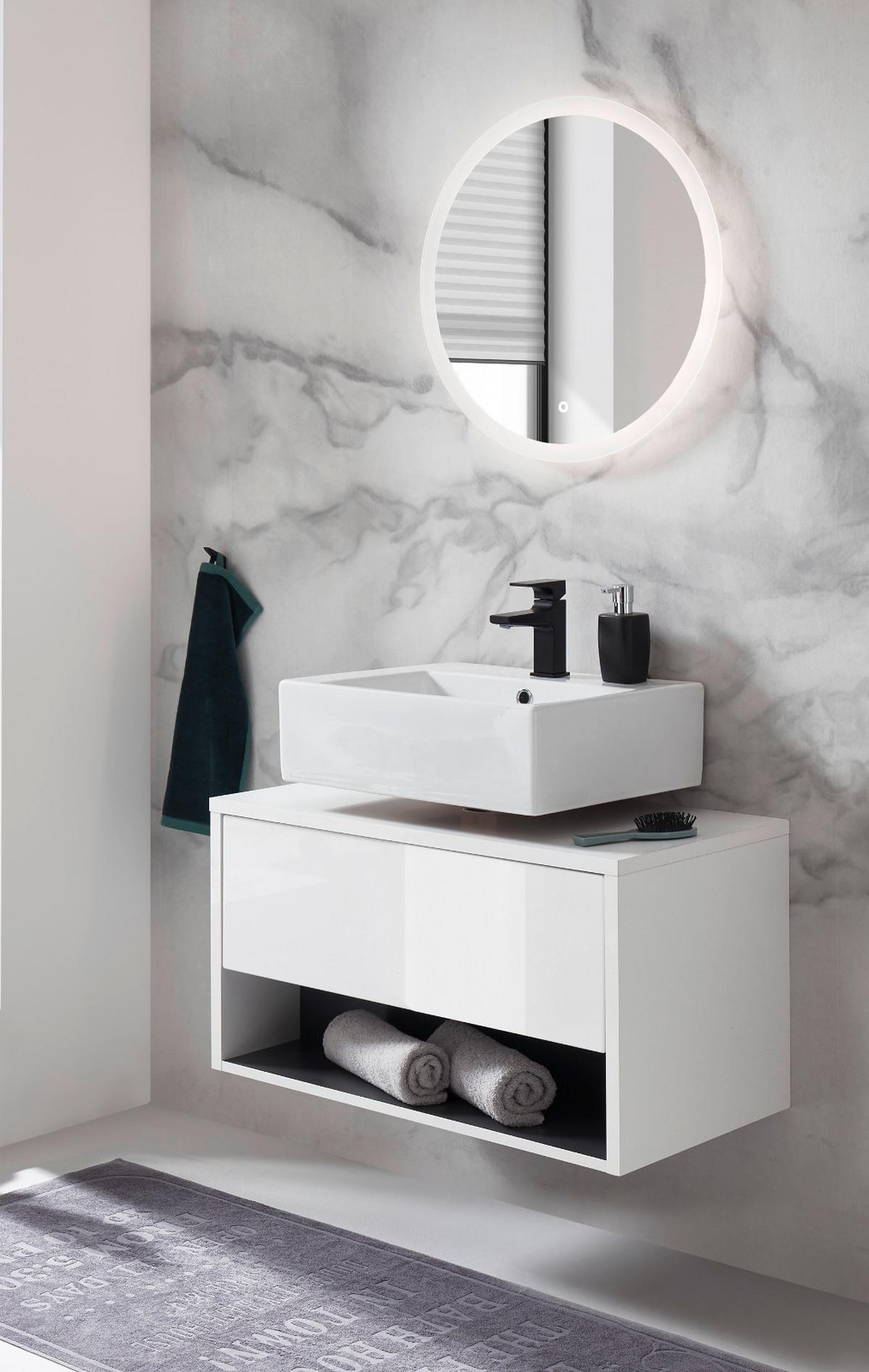 BADMÖBEL-SET weiß Hochglanz, grau, Badezimmer Set inklusive LED Beleuchtung, Breite 80 cm - Weiß Hochglanz/Grau, Glas/Holzwerkstoff (80/190/46cm) - Furn.Design