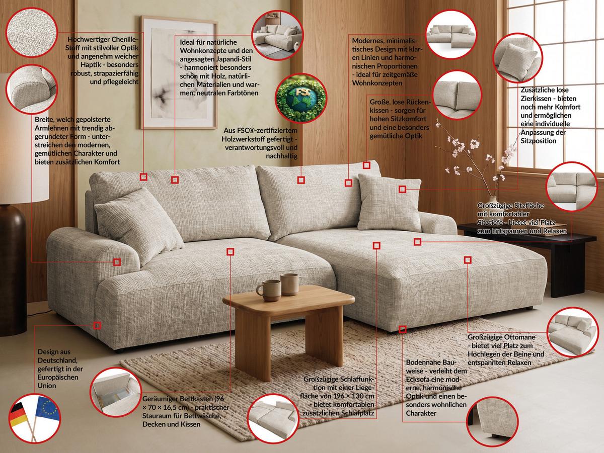 ECKSOFA Melvano mit Schlaffunktion und Bettkasten im Japandi-Stil aus weichem Dunkelbeige Chenille-Stoff - Beige/Schwarz, Holz/Kunststoff (240/145cm) - S-Style