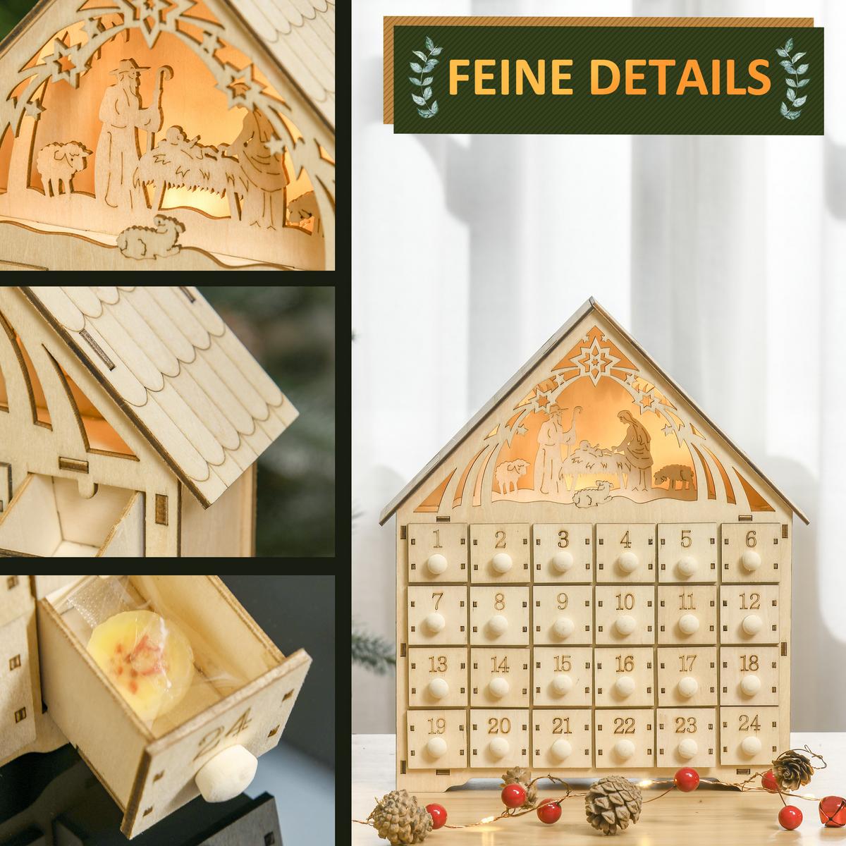 ADVENTSKALENDER Weihnachtskalender 24 Schubladen mit LED-Lichtern MDF Naturholz - Naturfarben, Holz (6/30/26.6cm) - HOMCOM