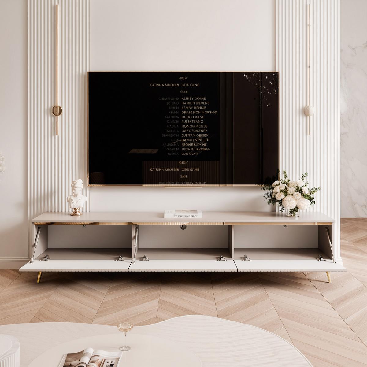 GERIFFELTER TV-Schrank SELIA 200 cm auf Füßen, Kaschmir mit goldener Zierleiste und LED-Beleuchtung - Kaschmir, Holzwerkstoff (200/42/35cm) - Idohome