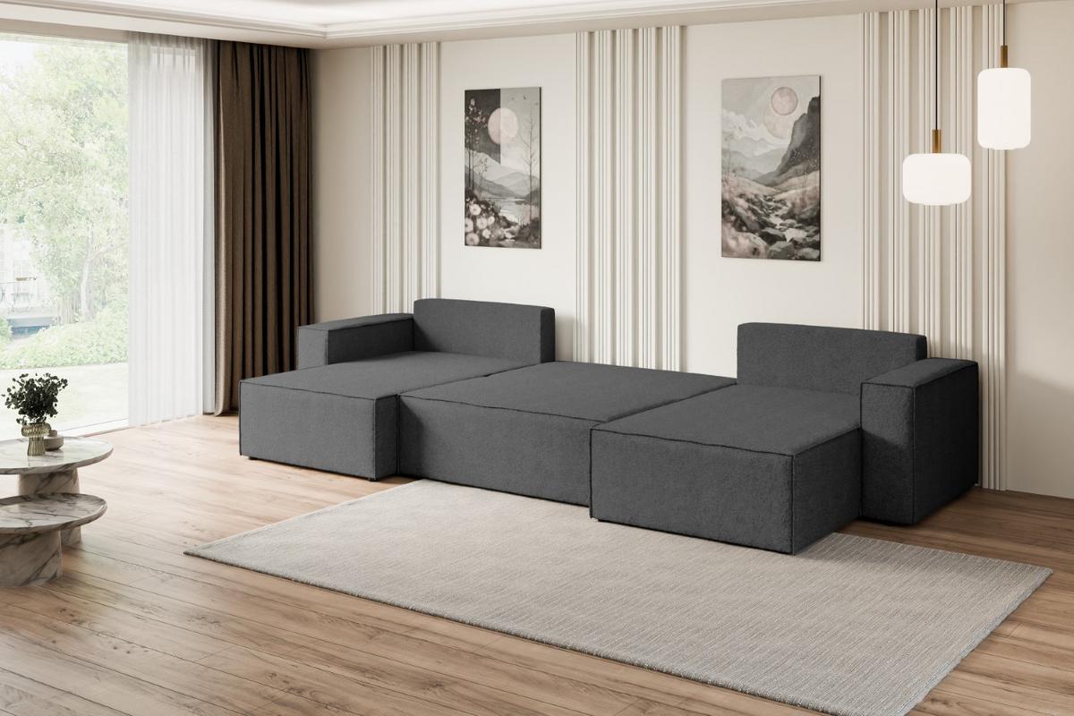 WOHNLANDSCHAFT mit Schlaffunktion und Bettkasten CELTIC-XLU - 377x143x83 cm Grau Bouclé - Schwarz/Grau, Holzwerkstoff/Kunststoff (377/83/143cm) - ALTDECOR