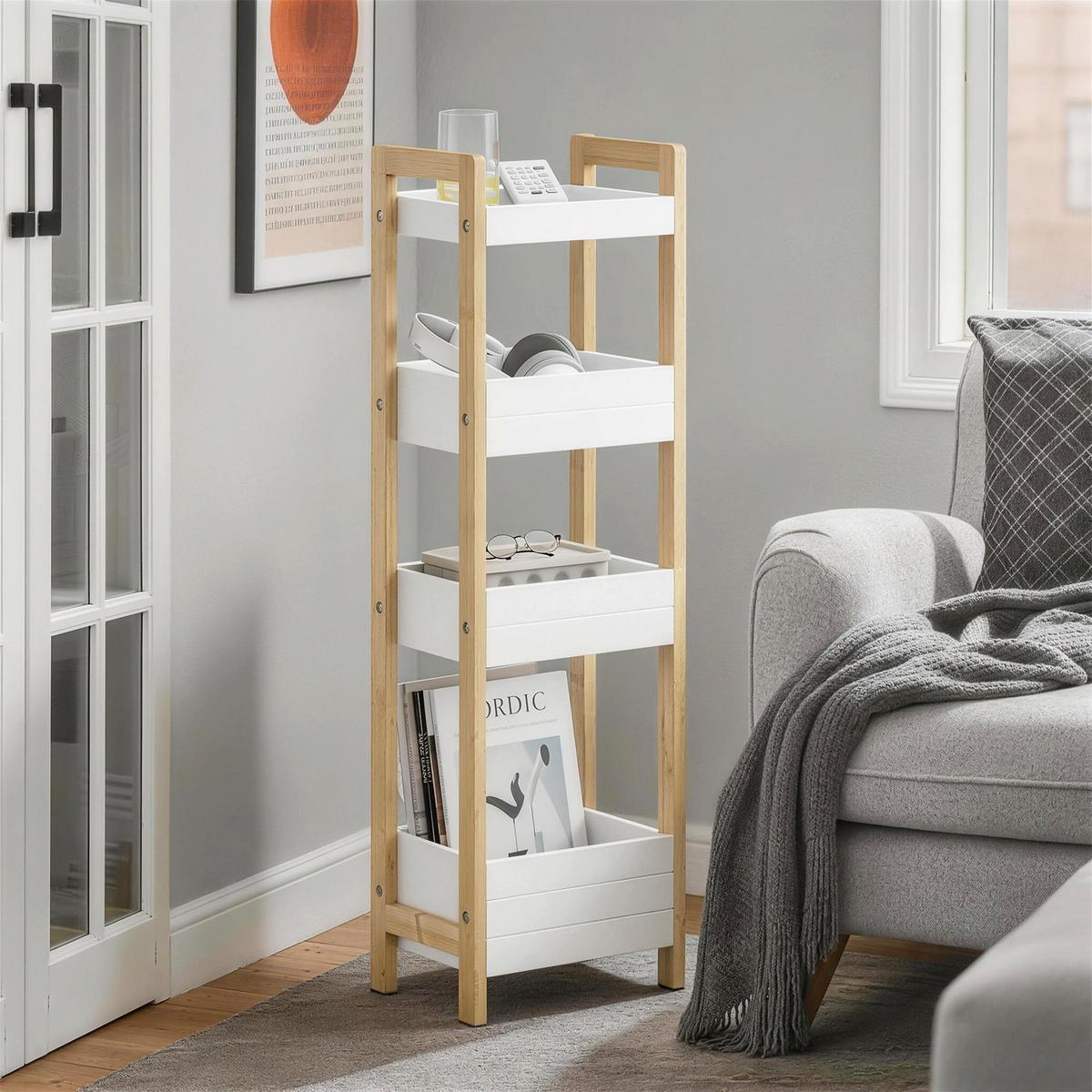 BADEZIMMERSCHRANK Schmal mit 4 Stabilen Regalen 90x28x20cm - Weiß, Holzwerkstoff (28/90/20cm) - SoBuy