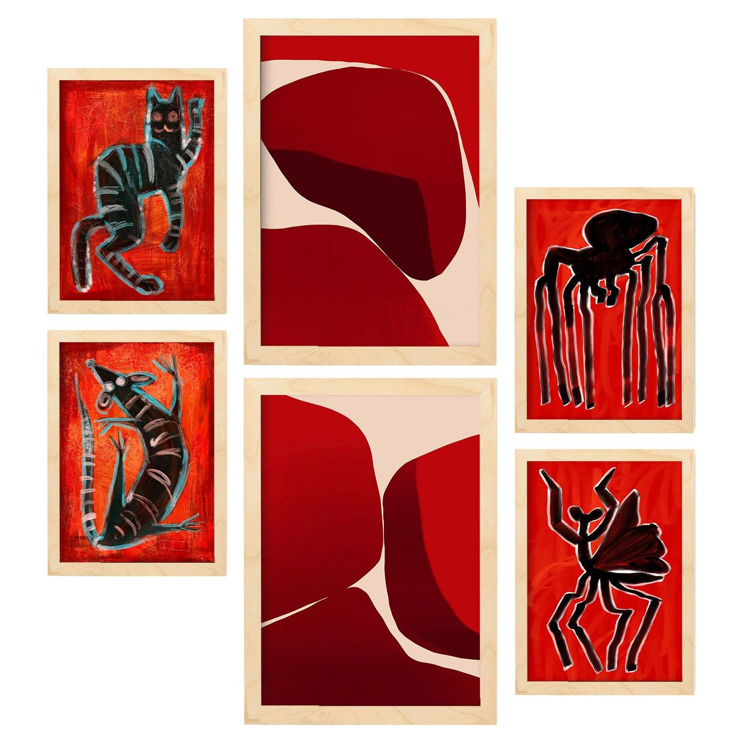 POSTER Set Mit 6 Gesteinte Kreaturen In Tiere Zusammenfassungen A3 & A4 Rahmen Aus Hellem Holz - Beige, Papier (29/3cm) - Nacnic