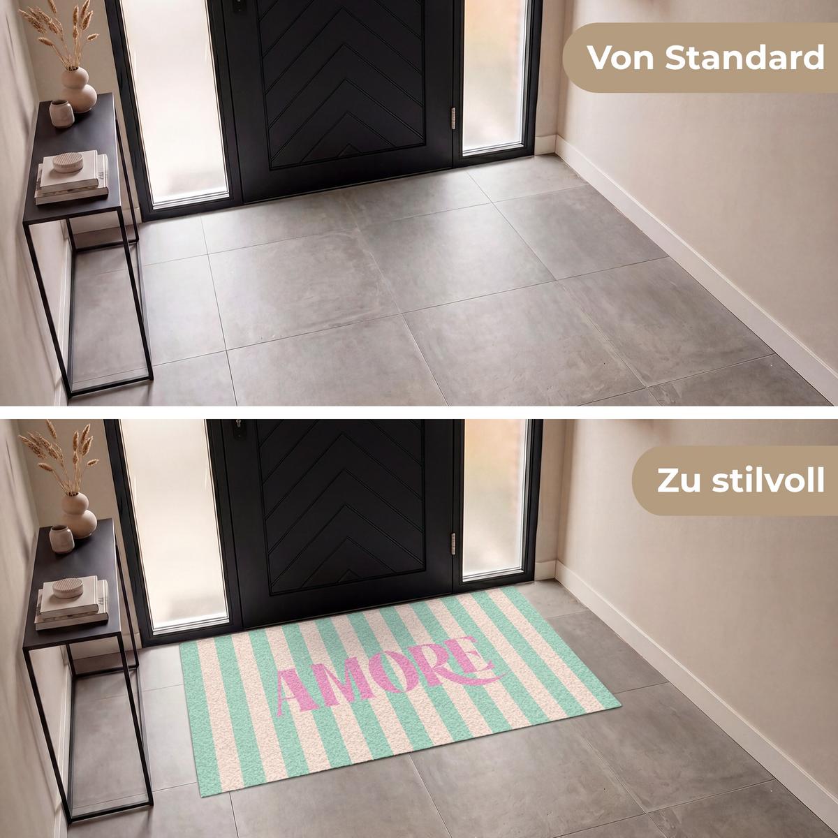 FUSSMATTE Rosa – Grün – Streifen – Amore 150x90 cm - Mintgrün, Kunststoff (150/0.4cm) - MuchoWow