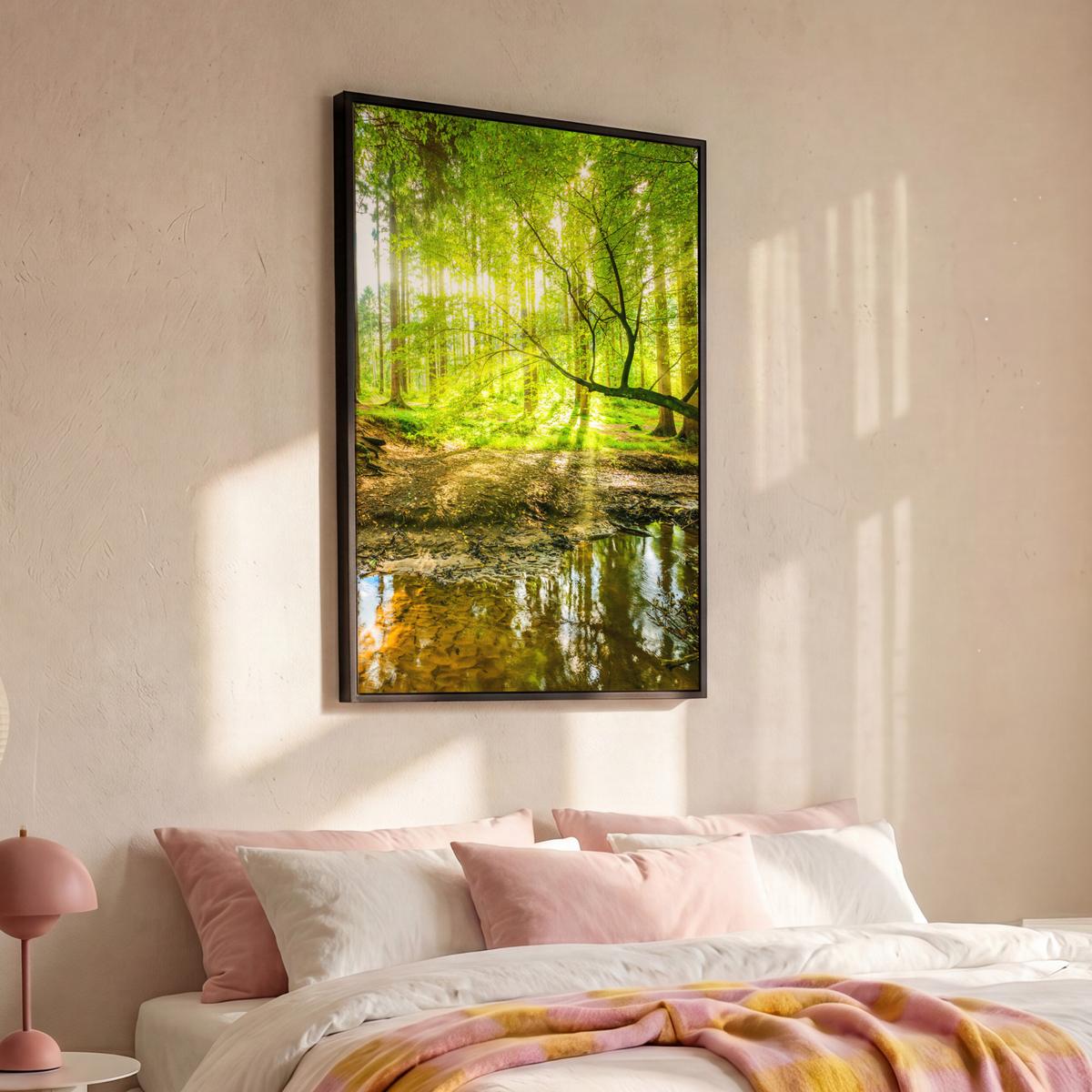 LEINWAND Bilder mit Rahmen - Wald - Landschaft - Wasser - Bäume - Sonne - Grün - Natur - 100x150 - Grün, Textil (100/150cm) - MuchoWow