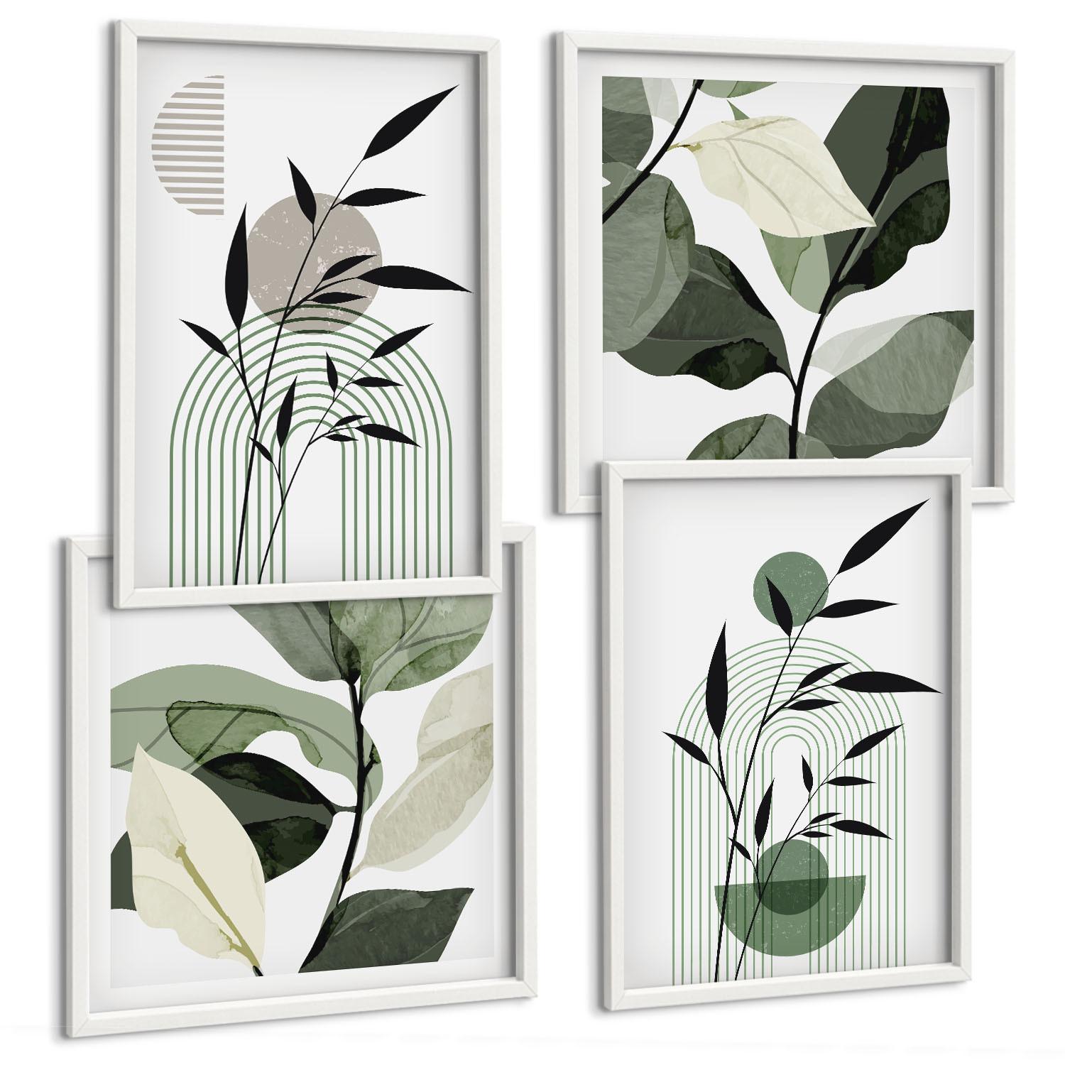 BILDER SET 4er Set - 50x50 cm & 40x60 cm Weißer Rahmen - Boho-Pflanzenkompositionen - Weiß, Kunststoff (50/50cm) - TULUP