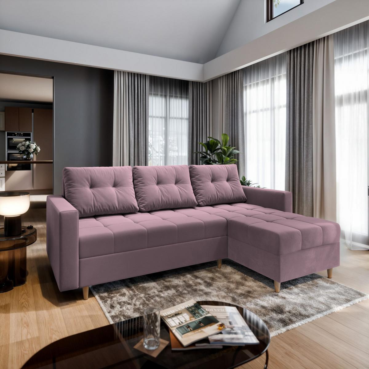 ECKSOFA MILO L Rosa Plüsch-Stoff mit Schlaffunktion - Rosa/Braun, Holz/Textil (220/140cm) - MASSENO