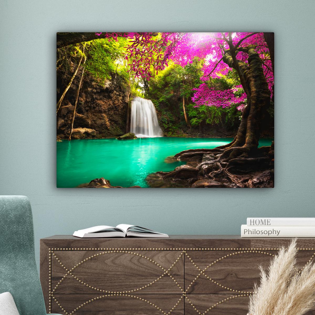 LEINWANDBILD Wasserfall mit bunten Blumen und Bäumen - Natur - Dschungel Wandbilder 80x60 cm - Waldgrün, Textil (80/60cm) - MuchoWow