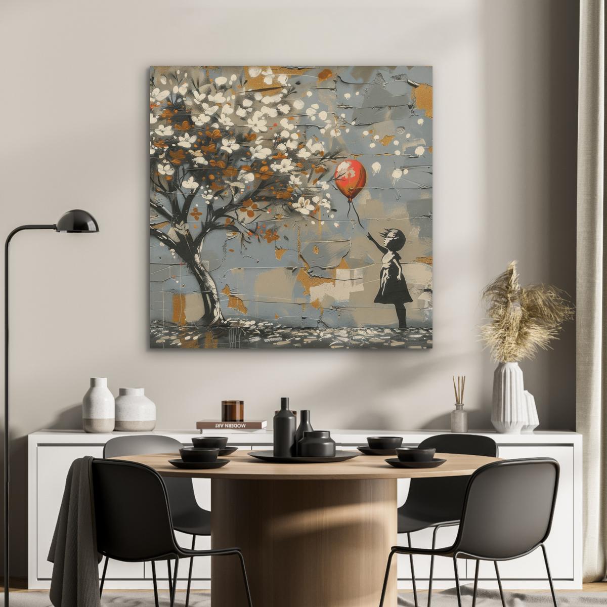 AKUSTIKBILD Baum - Graffiti - Banksy-Stil - Ballon-Mädchen Akustikpaneele 90x90 cm - Blaugrau, Kunststoff (90/90/0.9cm) - MuchoWow