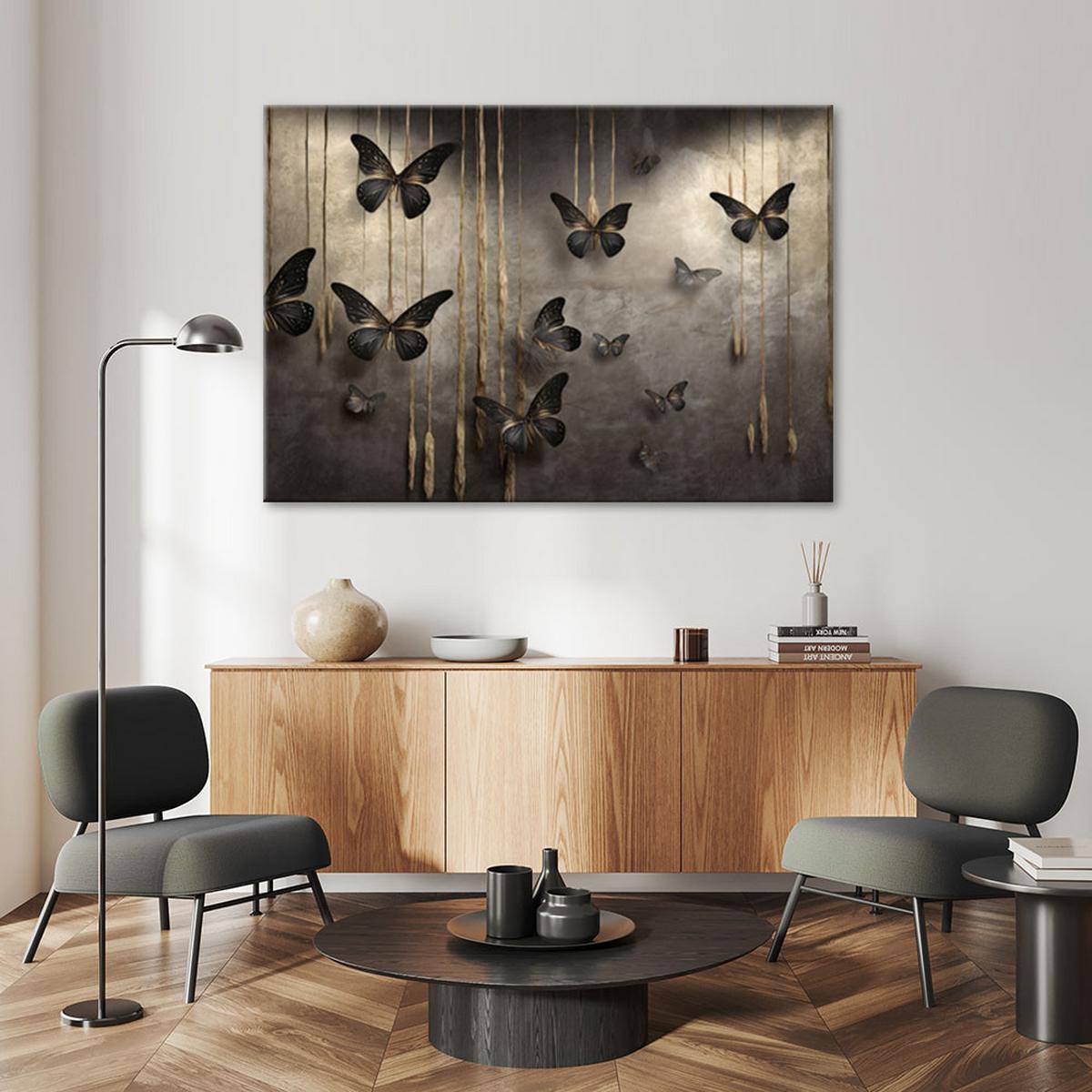 LEINWANDBILD Schwarze Schmetterlinge 3D 100x70cm - Goldfarben, Textil (100/70cm) - Feeby