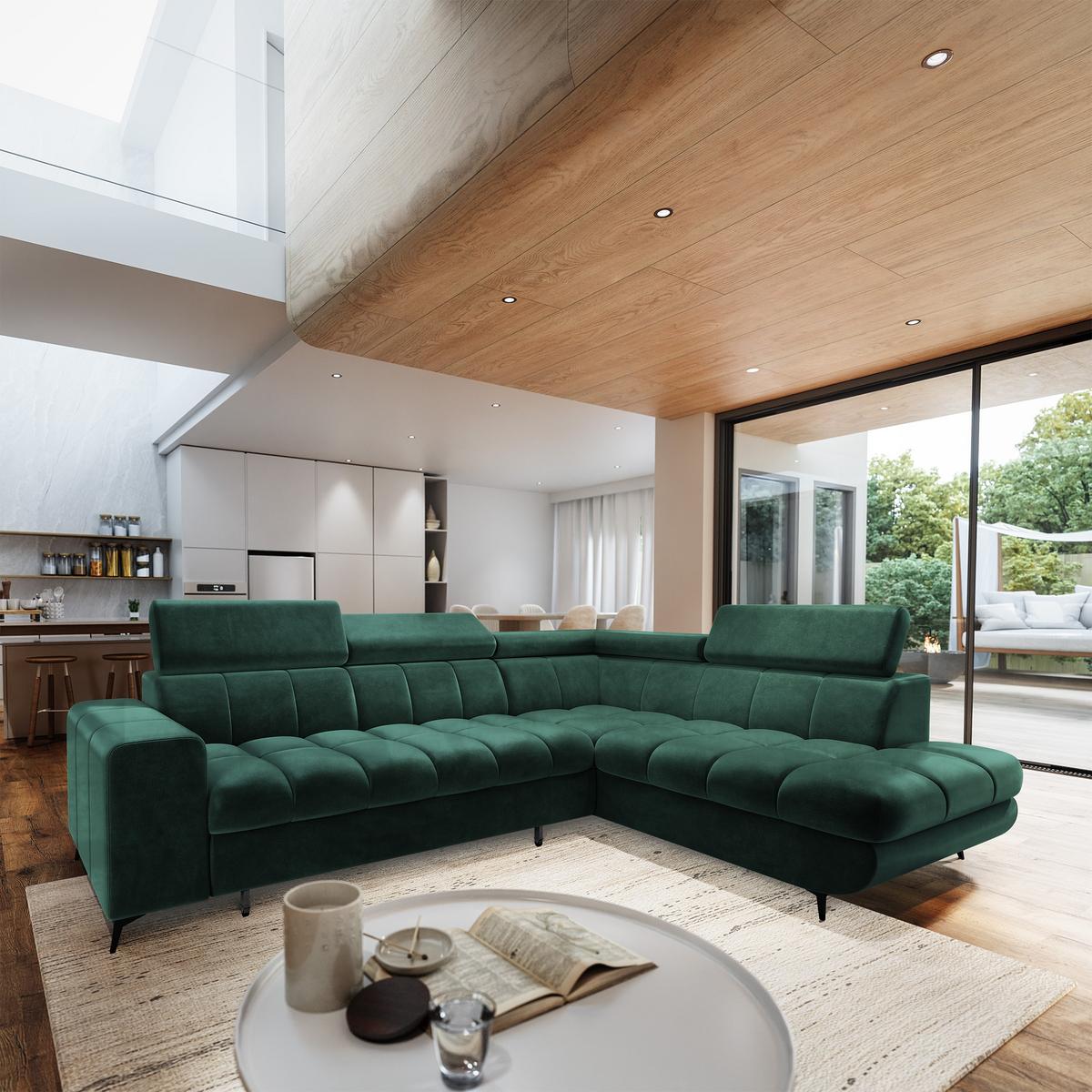 ECKSOFA MORIVA R-S Grün Velours-Stoff mit Schlaffunktion - Grün, Holz (253/190cm) - MASSENO