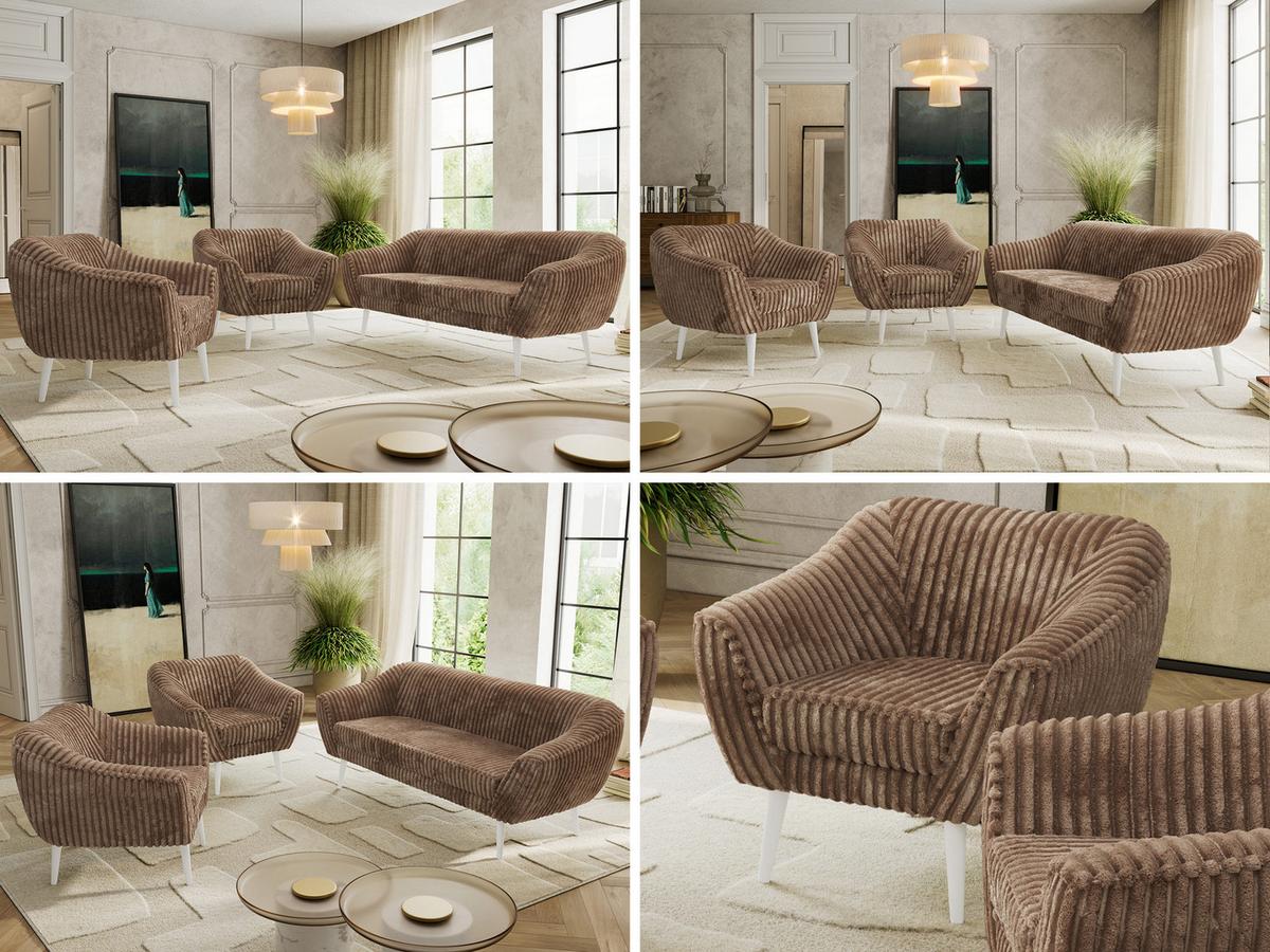 SITZGARNITUR PIRS 3+1+1 - Braun Cord - Weiße Beine - Braun/Weiß, Holzwerkstoff/Textil (180/75/74cm) - MKS