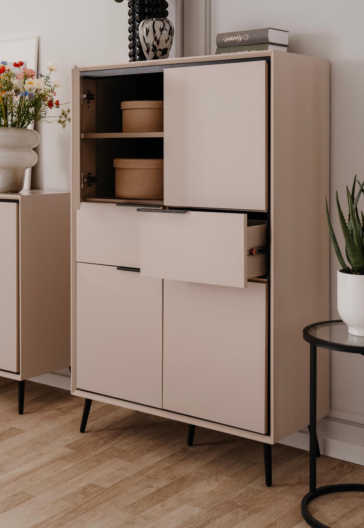 HIGHBOARD Sand und Schwarz 90 x 140 cm, Schrank mit Soft-Close-Funktion - Sandfarben/Schwarz, Holzwerkstoff/Kunststoff (90/140/38cm) - Furn.Design