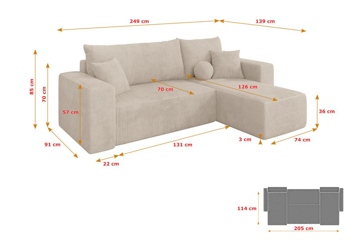 ECKSOFA mit Schlaffunktion Ottomane Rechts SENO-L 249x139x85 Beige Cord - Beige/Schwarz, Holzwerkstoff/Kunststoff (249/139cm) - ALTDECOR