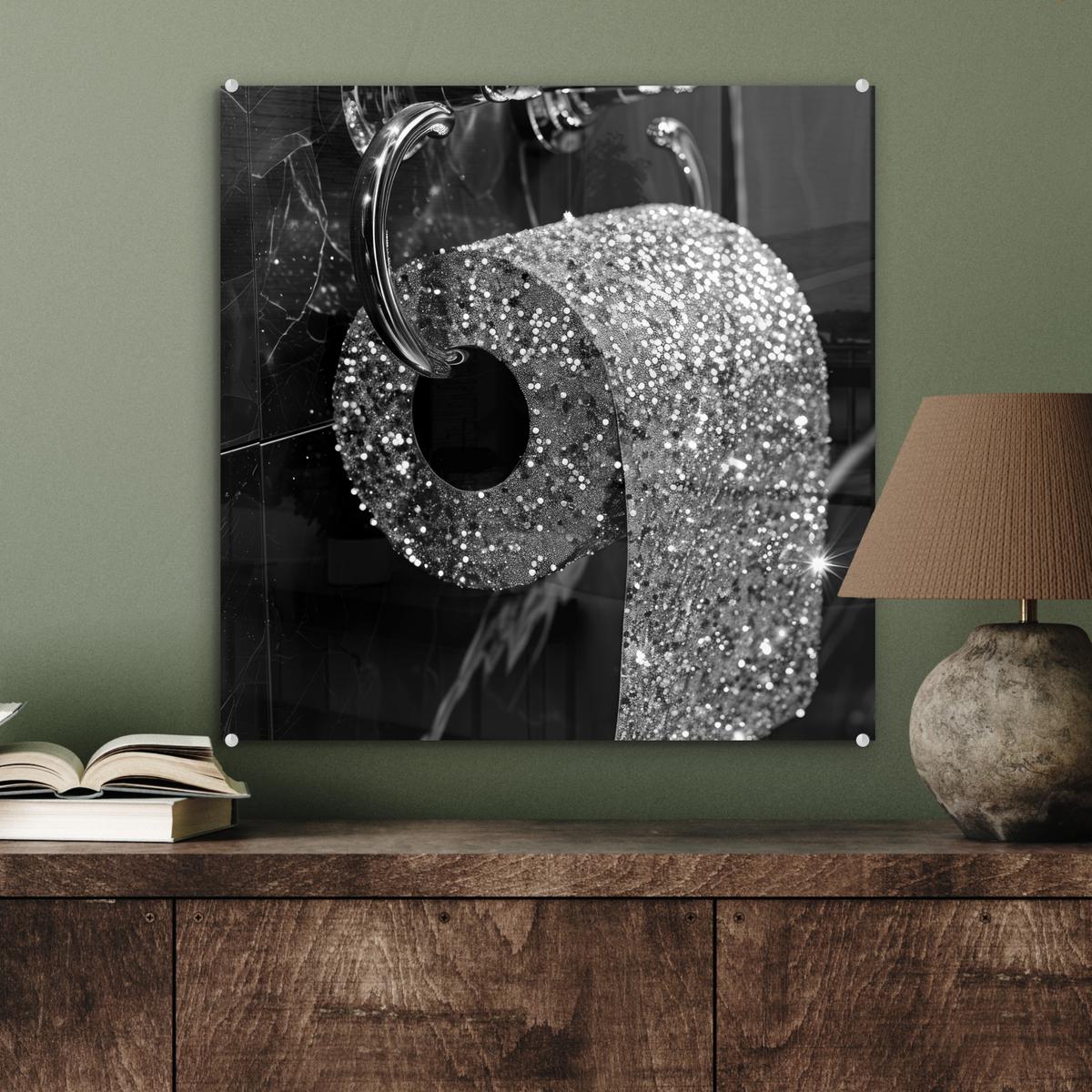 ACRYLGLASBILD WC - Toilettenpapier - Schwarz und weiß - Glitter 50x50 cm - Silberfarben, Glas (50/50cm) - MuchoWow