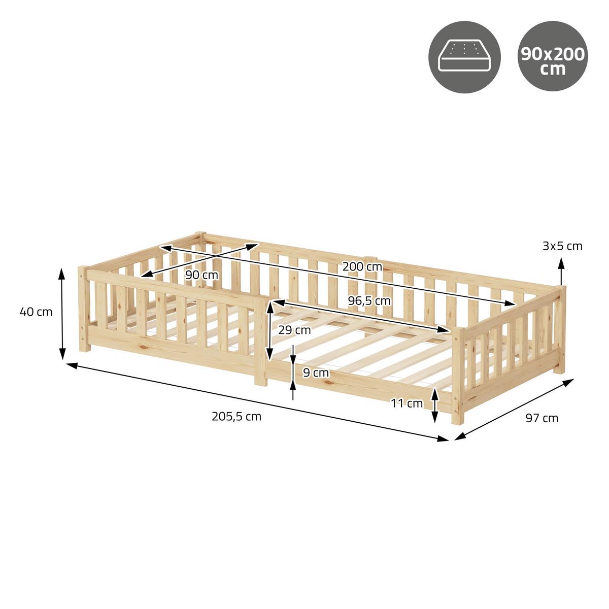 KINDERBETT 90x200 cm Natur aus Kiefernholz - Naturfarben, Holz (90/200cm) - ML-DESIGN