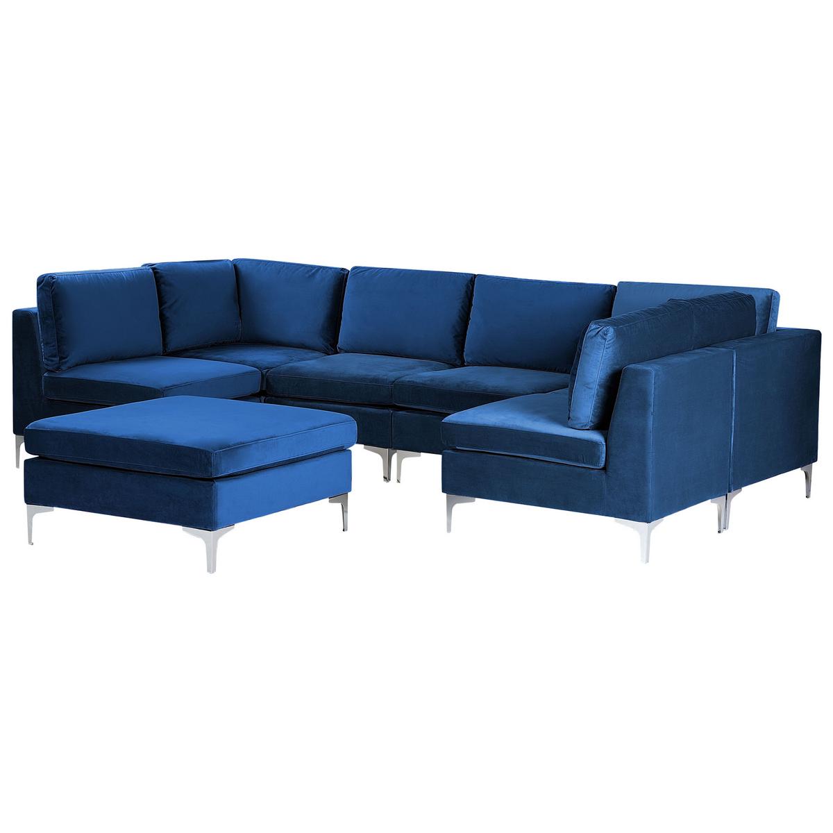 6-SITZER WOHNLANDSCHAFT U-förmig Samtstoff marineblau mit Ottomane Evja - Blau, Textil (300/84/150cm) - Beliani