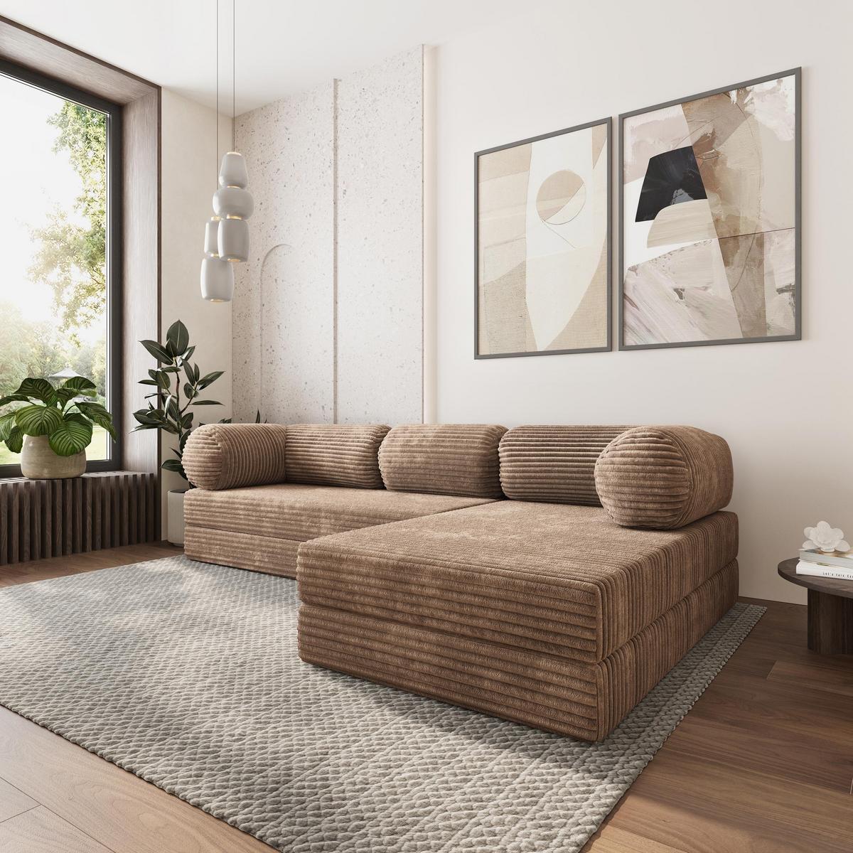 ECKSOFA ETERA modulares Boneless Sofa mit Schlaffunktion Beige Kordstoff - Beige, Textil (270/160cm) - MASSENO