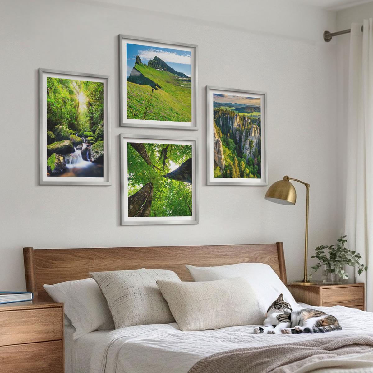 BILDER SET 4er Set - 50x50 cm & 40x60 cm Silberner Rahmen - Grüne Berge Wasserfallwald - Silberfarben, Kunststoff (50/50cm) - TULUP